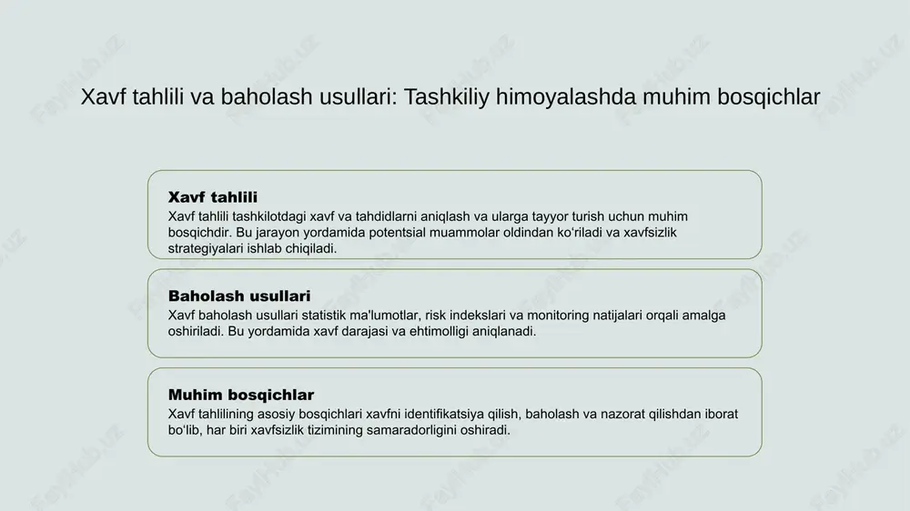 xavfni kamaytirish strategiyalari xavfni boshqarishda muhim usul xavfni kamaytirish strategiyalarini qo‘llashdir. bu, xavfni nazorat qilish va maksimally kamaytirishga qaratilgan amaliy choralardir. 3 monitoring va javob choralari xavfni boshqarishda doimiy monitoring va tezkor javob mexanizmlari muhim. bu yordamida xavf yuzaga kelganda darhol chora ko‘riladi va zarar oldini olinadi. tashkilot ichidagi xavfsizlik choralari va ularning samaradorligini ta’minlash mexanizmlari xavfsizlik siyosati monitoring va nazorat texnologik yechimlar tashkilot ichida xavfsizlik siyosati ishlab chiqilishi va amalga oshirilishi muhim bo‘lib, uning yordamida xavf va tahdidlarga qarshi samarali chora-tadbirlar belgilanishi mumkin. xavfsizlik choralari doimiy ravishda monitoring qilinishi va nazoratdan o‘tishi kerak. bu orqali kamchiliklar aniqlanib, tezkor ravishda tiklanadi va yaxshilanadi. zamonaviy texnologiyalar, masalan, cctv, kirish nazorati va ma’lumotlarni shifrlash, xavfsizlikni mustahkamlashda muhim rol o‘ynaydi va samaradorlikni oshiradi. tashkiliy integritetni ta’minlash uchun xavfsizlik texnologiyalari va usullari 1 axborot xavfsizligi texnologiyalari zamonaviy axborot xavfsizligi texnologiyalari, masalan, shifrlamalar va xavfsizlik devorlari, tashkilot ma'lumotlarini himoya qilishda muhim rol o‘ynaydi. 2 biometrik …