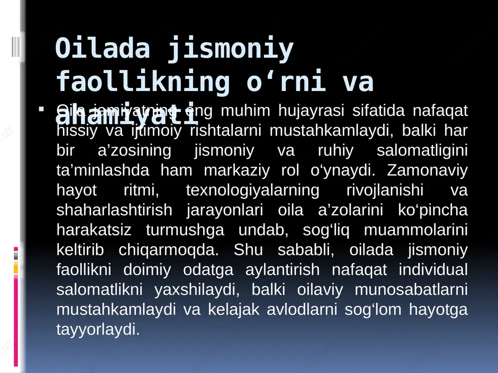 borayotgan ijtimoiy va psixologik omillar ta'sirida sinovdan o'tmoqda. jismoniy tarbiya bu jarayonda muhim vosita sifatida namoyon bo'lib, oila a'zolarini nafaqat jismoniy jihatdan mustahkamlab, balki ruhiy va hissiy bog'lanishlarini ham chuqurlashtirishga xizmat qiladi. jismoniy faoliyat orqali oilaviy munosabatlarning mustahkamlanishi, o'zaro ishonch va qo'llab-quvvatlashning o'sishi, shuningdek, umumiy maqsadlar atrofida birlashish kabi jarayonlarni faollashtiradi jismoniy tarbiya orqali oilaviy birlashuvni mustahkamlash jismoniy tarbiya orqali oilaviy birlashuvni mustahkamlash jismoniy faoliyat orqali o‘zaro qo‘llab-quvvatlash va motivatsiya jismoniy faoliyat oila ichidagi o'zaro qo'llab-quvvatlashni kuchaytirishning eng samarali usullaridan biri hisoblanadi sog‘lom oilaviy an’analarni shakllantirish yo‘llari sog'lom oilaviy an'analar jismoniy tarbiya orqali shakllanishi oila hayotining uzoq muddatli barqarorligini ta'minlaydi oila jismoniy faolligini oshirishga oid tavsiyalar oila jismoniy faolligini oshirish oilaviy birlashuvni mustahkamlashning amaliy asosidir xulosa jismoniy tarbiya orqali oilaviy birlashuvni mustahkamlash oila hayotining murakkab dinamikasini soddalashtirib, uzoq muddatli barqarorlikni ta'minlaydigan strategiya sifatida namoyon bo'ladi. o'zaro qo'llab-quvvatlash va motivatsiya, sog'lom an'analar shakllantirish hamda faollikni oshirish bo'yicha tavsiyalar oila a'zolarini nafaqat …