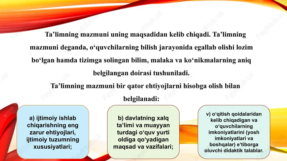 ariga bilm berish yoshiga qarab tizimga solinadi va qoidalarga asoslanadi: a) boshlang’ich ta’lim - i- iv sinflar. b) umumiy o’rta ta’lim - v-ix sinflar. v) o’rta maxsus kasb-hunar ta’limi, akademik litseylar, kasb-hunar kolleji. ta’lim to’g’risidagi qonunga asosan akademik litsey va kasb-hunar kollejining maqomi tenglashtirilgan. ularning o’quvchilari va bitiruvchilari oliy o’quv yurtiga kirishda yoki tanlangan yo’nalish bo’yicha faoliyat ko’rsatishda konstitutsiyaviy haq-huquqlarini amalga oshirishda teng huquqlidirlar. har bir o‘quv fani uchun o‘quv dasturi tuziladi. o‘quv dasturi o‘quv rejasi asosida ishlab chiqiladi. o‘quv dasturi har bir o‘quv fanining o‘qitish uchun ajratilgan bilim hajmi, tizimi va g’oyaviy-siyosiy yo‘nalishini aniqlab beradigan davlat hujjatidir. o‘quv dasturida o‘quv yili davomida har qaysi sinfda alohida fanlar bo‘yicha o‘quvchilarga beriladigan ilmiy bilim, ko‘nikma va malakalarning hajmi belgilab beriladi. dasturning asosiy vazifasi - o‘quv predmetining mazmunini ifodalashdir. unda kursning sinflarga, qismlarga, mavzularga bo‘linish, ularni o‘rganish tartibi, soatlar turi ko‘rsatiladi. ma’lum mavzu yuzasidan o‘quvchi o‘zlashtirish lozim bo‘lgan bilim, ko‘nikma va malakalar …
