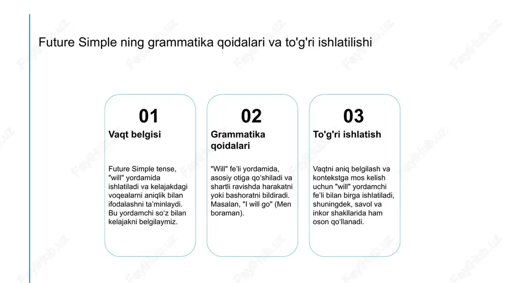 n ingliz tilidagi farqlari kelajakdagi vaqtni ifodalash o'zbek tilida future simple asosan "yarim" yordamchi so'z bilan ifodalanadi, lekin semantik va grammatik jihatlari ingliz tilidan farq qiladi. ma'noda farq ingliz tilida "will" yordamida aniq kelajak voqealarini ifodalaymiz, o'zbek tilida esa kontekst va so'zlashuv usuliga ko'ra farq qiladi, aniq belgilash shart emas. grammatika va semantika o'zbek tilida kelajakdagi voqealar odatda kontekst, yordamchi so'zlar va so'z tartibi orqali ifodalanadi, ingliz tilida esa "will" yordamida qat'iy va aniq bo'ladi. xulosa 1 kelajakni ifodalashning asosiy qoidalari future simple zamoni kelajakdagi voqealarni ifodalashda "will" yordamchi fe’li bilan ishlatiladi va bu usul rejalashtirilgan yoki bashorat qilingan harakatlarni aniq ko‘rsatadi. 2 "will" yordamchi fe’li bilan ishlash usullari "will" yordamchi fe’li shaxsga mos kelib, kelajakdagi harakatlarni shaxs bilan bog‘lash va ehtimoliy yoki rejalashtirilgan voqealarni sodda tarzda ifodalash uchun ishlatiladi. 3 ingliz va o'zbek tillaridagi farqlar ingliz tilida "will" yordamida kelajak aniq va rasmiy ifodalanadi, o'zbek tilida esa kontekst yordamida …