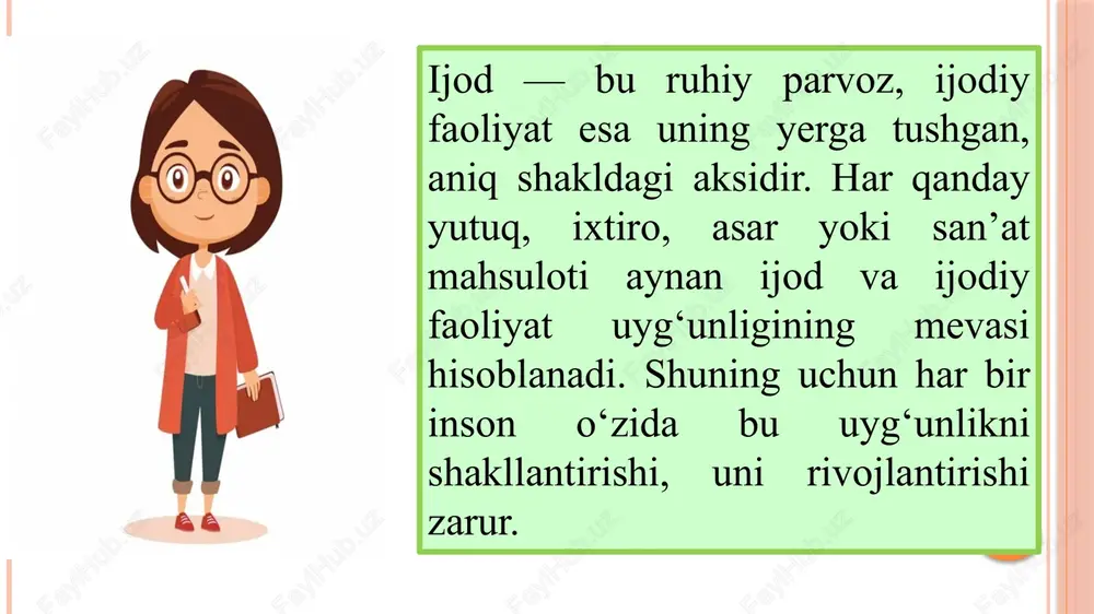 navbatida fidoyi bo ‘ladi. ayni shu ma’noda, erkin a’zam «ijod - bu o‘zini qiynash, mashaqqat chekish, huzur-halovatdan voz kechish, tom ma’noda fidoyilik demakdir»3, deb yozadi. inson ijod qilmasa, yangi narsalarni yaratmasa, jamiyat umuman taraqqiy qilmagan bo'lardi. hatto insonning shakllanishi ham oʻz ijodining natijasidir. inson va jamiyat rivojida ijodning ahamiyati oshib borgan, sharoit va ehtiyojga mos holda takomillashib, murakkablashib kelgan. jamiyat tarixida u bir tekisda rivojlanmasdan, yangi holatlarga sakrashlar orqali oʻtib davom etgan. inson ijodiga boʻlgan talab, ehtiyoj ham turli sharoitlarda har xil boʻlgan. uni ichki va tashqi omillarga ajratish mumkin. ijod - faqat shu inson uchun emas, boshqalar uchun ham qadrli boʻlgan, qandaydir yangi narsani yaratishdir. ijod - vazifasi ma'lum usullar, vositalar bilan yechishdan tashqariga chiqishni taqozo qiladigan oliy shakldagi tafakkurdir. u tafakkur jarayonida fantaziya, tasavvur sifatida namoyon boʻladi. ijod jarayonining bosqichlari (a. puankarega koʻra): • dastlab muammo qoʻyiladi va birmuncha vaqt davomida uni hal qilishga uriniladi. • keyin koʻp …