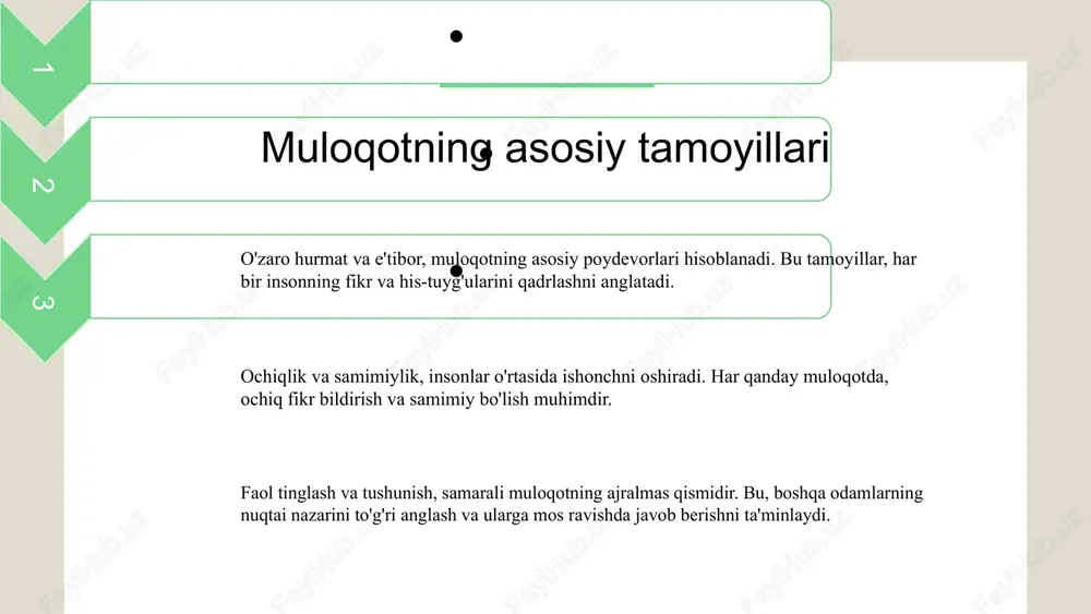 . ko'p misollar yordamida tushuntirish samarali bo'ladi. tinglash va tushuntirish o'rtasidagi bog'liqlik tinglash va tushuntirish shaxslararo munosabatlarda muhim rol o'ynaydi. bu ikki ko'nikma bir-birini kuchaytiradi va samarali muloqot uchun zarurdir. tinglashni rivojlantirish orqali boshqalarni yaxshiroq tushunish mumkin. tushuntirish esa fikrlaringizni aniq ifoda qilishga yordam beradi. muvaffaqiyatli muloqot uchun maslahatlar 1. har doim diqqat bilan tinglang va odamning so'zlariga e'tibor bering. 2. tushunmagan joylarni so'rang va aniqlik kiriting. 3. o'z fikrlaringizni aniq va qisqa tushuntiring. 4. o'zaro fikr almashish jarayonida ochiq bo'ling va boshqalarning fikrlariga hurmat bilan yondashing. tinglash va tushuntirishni birlashtirish muloqotdagi to'siqlarni aniqlash muloqotdagi to'siqlarni aniqlash, samarali muloqot uchun muhimdir. muloqot jarayonida to'siqlarni aniqlash muhim. bu muloqotning samaradorligini oshiradi va tushunmovchiliklarni kamaytiradi. to'siqlarni aniqlash uchun bir necha usullar mavjud, jumladan tinglash va kuzatish, shuningdek, ochiq savollar berish. misol: bir guruh muhokama qilayotganida, ba'zi a'zolar o'z fikrlarini to'g'ri ifoda eta olmasligi mumkin. shuningdek, muloqotda yuzaga keladigan boshqa to'siqlar ham mavjud, …