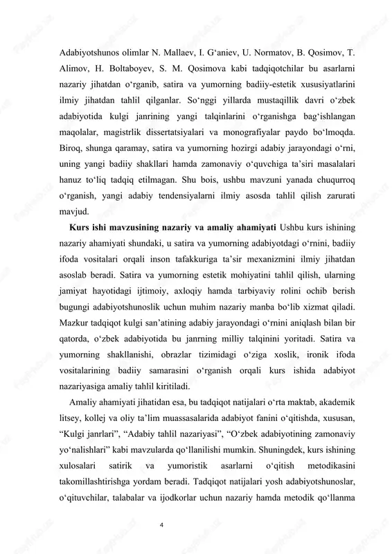 , yozuvchilar ijodida kulgi vositasining ijtimoiy hamda estetik vazifasidir. kurs ishi mavzusining predmeti – satira va yumorning badiiy ifoda vositalari, ularning asarlarda qo‘llanish usullari, shuningdek, kulgi san’atining o‘quvchiga ta’sir mexanizmlarini tahlil qilishdir. kurs ishi mavzusining maqsadi – o‘zbek adabiyotida satira va yumorning shakllanish jarayonini, ularning badiiy imkoniyatlarini tahlil qilish, bu janrlarning ijtimoiy hayotdagi va adabiy-estetik taraqqiyotdagi o‘rnini aniqlashdir. kurs ishi mavzusining vazifalari · satira va yumorning nazariy asoslarini o‘rganish; · kulgi san’atining tarixiy shakllanish bosqichlarini yoritish; · o‘zbek adabiyotida satirik va yumoristik asarlarning rivojlanish yo‘nalishlarini tahlil qilish; · satira va yumorning badiiy vositalarini – kinoya, parodiya, grotesk, ironiy kabi usullarni tahlil qilish; · mustaqillik davri adabiyotida kulgi janrining yangi shakllari va mazmuniy xususiyatlarini o‘rganish; · satira va yumorning o‘quvchiga psixologik va estetik ta’sirini baholash. kurs ishi mavzusining tuzilishi kurs ishi kirish, ikki bob, har bir bob uch bo‘limdan iborat bo‘lib, xulosa va foydalanilgan adabiyotlar ro‘yxatini o‘z ichiga oladi. i bob. …