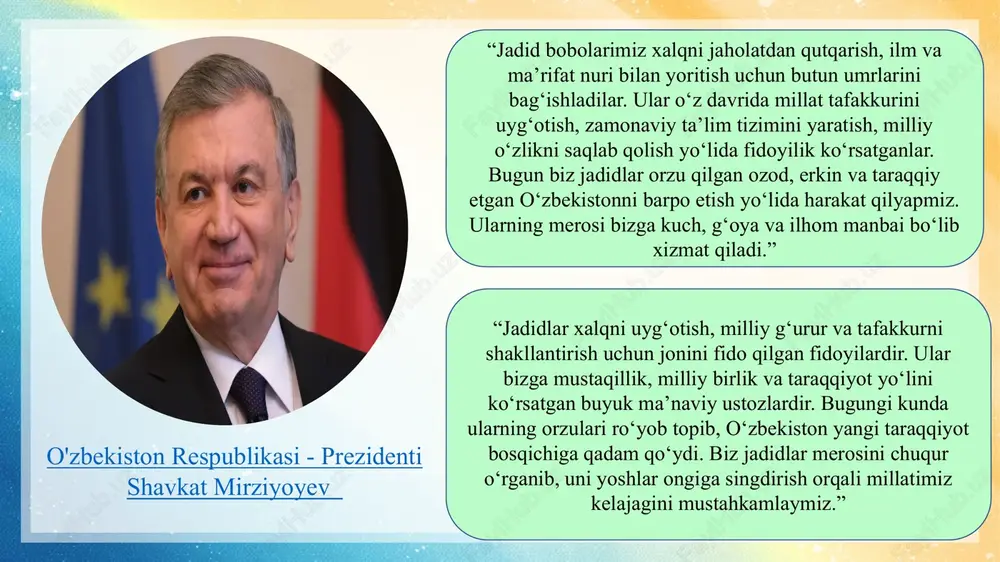 qo‘yishga da’vat etdilar. ular o‘z maqolalari va chiqishlarida boylikning manbai bilim va halol mehnat ekanini uqtirdilar. jadidlar tomonidan tashkil etilgan savdo shirkatlari, hunarmandchilik uyushmalari ham iqtisodiy islohotlarning amaliy ko‘rinishiga aylandi. ularning iqtisodiy qarashlari bugungi zamonaviy tadbirkorlik va milliy iqtisodiy o‘sish g‘oyalarining dastlabki manbai bo‘lib xizmat qildi. siyosiy faollik va milliy ozodlik g‘oyalarining rivojlanishi: turkiston muxtoriyati tajribasi title 2 jadidchilik harakati asta-sekin siyosiy mazmun kasb eta boshladi. xx asr boshlarida jadidlar xalqni siyosiy erkinlik va milliy mustaqillikka da’vat etdilar. 1 3 1917-yilda rossiyada fevral inqilobi sodir bo‘lgach, jadidlar bu imkoniyatdan foydalanib, turkiston muxtoriyatini e’lon qildilar. bu muxtoriyat xalq irodasiga tayanib, o‘z milliy hukumatini shakllantirish yo‘lidagi tarixiy tajriba bo‘ldi. fitrat, munavvarqori, cho‘lpon kabi jadidlar muxtoriyat hukumatida faol ishtirok etib, turkistonning siyosiy mustaqilligi uchun kurashdilar. garchi muxtoriyat qisqa umr ko‘rgan bo‘lsa-da, u o‘zbek xalqining milliy ozodlik harakatidagi buyuk qadami sifatida tarixda abadiy muhrlandi. jadidlarning bu siyosiy tajribasi keyingi avlodlar uchun istiqlol g‘oyalarining asosi …