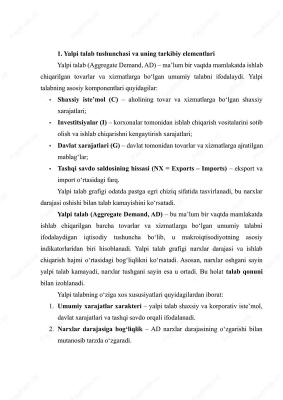 n ishlab chiqarish vositalarini sotib olish, yangi texnologiyalarni joriy etish va ishlab chiqarish quvvatini kengaytirish uchun qilinadigan xarajatlarni anglatadi. investitsiyalar hajmi quyidagi omillarga bog‘liq: · foiz stavkalari; · kredit resurslarining mavjudligi; · korxonalar va investorlarning kelajakdagi daromadga bo‘lgan ishonchi; · soliq imtiyozlari va davlat tomonidan beriladigan subsidiyalar. odatda foiz stavkalari pasayganda investitsiyalar hajmi ortadi, chunki qarz mablag‘lari arzonlashadi. 3. davlat xarajatlari (g – government spending) davlat xarajatlari – bu hukumat tomonidan tovarlar va xizmatlarga ajratilgan mablag‘larni ifodalaydi. u iqtisodiy barqarorlikni ta’minlash, ijtimoiy siyosatni amalga oshirish va investitsiyalarni rag‘batlantirishda muhimdir. davlat xarajatlari quyidagi shakllarda bo‘lishi mumkin: · jamoat infratuzilmasi va qurilish ishlari; · ijtimoiy xizmatlar (ta’lim, sog‘liqni saqlash); · harbiy xarajatlar; · iqtisodiy rag‘batlantirish dasturlari. shu nuqtai nazardan, davlat xarajatlarini oshirish orqali yalpi talabni ko‘paytirish mumkin. 4. tashqi savdo saldosi (nx = exports – imports) tashqi savdo saldosi mamlakat eksporti va importi o‘rtasidagi farqni anglatadi. agar eksport importdan katta bo‘lsa, yalpi …