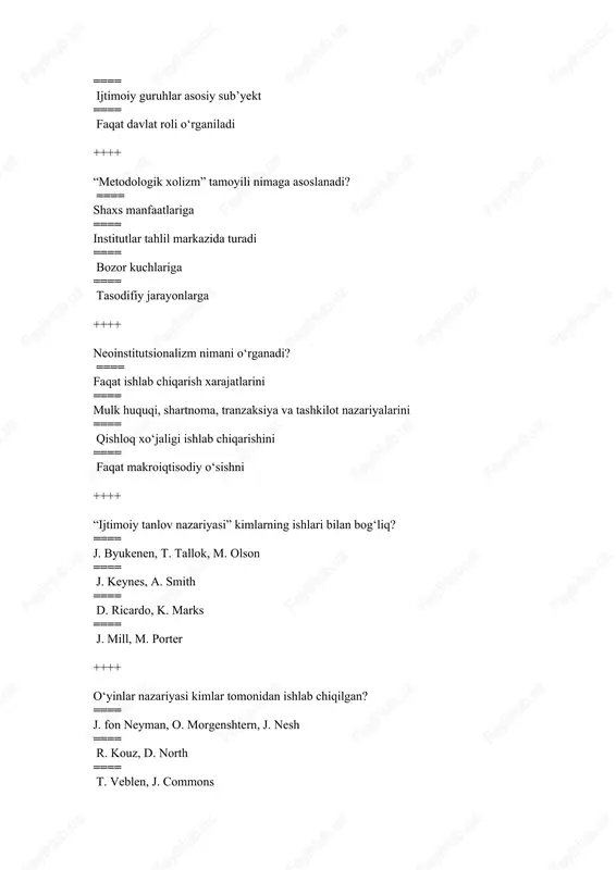 jtimoiy bosim ++++ norasmiy normalar qanday shakllanadi? ==== parlament qarorlari bilan ==== ijtimoiy qadriyatlar, an’analar va axloqiy me’yorlar orqali ==== soliq qonunlari orqali ==== davlat dasturlari orqali ++++ norasmiy normalarning asosiy manbai — ==== xalqaro tashkilotlar ==== madaniy qadriyatlar va ijtimoiy urf-odatlar ==== moliya tizimi ==== hukumat farmonlari ++++ institutsional matritsa bu — ==== institutlar o‘rtasidagi o‘zaro bog‘liqlik va ta’sir tizimi ==== iqtisodiy rejalashtirish jadvali ==== davlat byudjeti ==== siyosiy partiyalar ro‘yxati ++++ siyosiy institutlarning vazifasi nimadan iborat? ==== bozor narxlarini belgilash ==== foyda olishni ta’minlash ==== siyosiy barqarorlikni ta’minlash va davlatni boshqarish ==== soliq yig‘ish ++++ siyosiy institutlarga nimalar kiradi? ==== oila va diniy guruhlar ==== hukumat, siyosiy partiyalar, davlat boshqaruvi tizimi ==== bank va korporatsiyalar ==== ta’lim muassasalari ++++ iqtisodiy institutlarning asosiy roli — ==== axloqiy me’yorlarni belgilash ==== iqtisodiy jarayonlarni boshqarish va tartibga solish ==== diniy qadriyatlarni shakllantirish ==== siyosiy islohotlarni yuritish ++++ iqtisodiy institutlarga qaysi tizim …