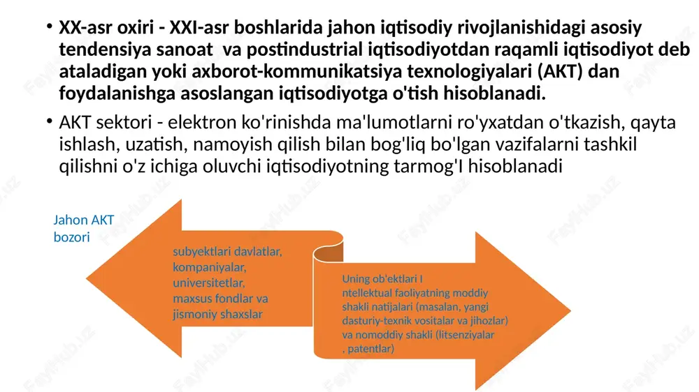 tron biznesning rivojlanishida  va boshqa juda katta imkoniyatlar yuzaga kelishidadir. raqamli texnologiyalarining rivojlanish bosqichlari sifatida esa quyidagilarni ko’rsatishimiz mumkin: -bosqich: - jarayonlarni komp’yuterlashtirish va avtomatlashtirish (shu jumladan, arm, erp, edi, srm, sapr, asu, asutp va boshqalar) - telekommunikatsiya – simli va simsiz, optik 2-bosqich: -on-line platformalar (qidiruv tizimlari, elektron savdo maydonlari, masofaviy ta’lim, ijtimoiy tarmoqlar) - bulutli va virtual texnologiyalar 3-bosqich: katta ma’lumotlarning prediktiv analitikasi, narsalar interneti, robototexnika, additiv texnologiyalar (shu jumladan, 3d-printerlar), sun’iy intellekt (shu jumladan, mashina yordamidagi ta’lim jarayoni) - real tovarlar va xizmatlar ta’minotchilari hamda xaridorlari sektori; - dasturiy ta’minot va texnologiyalar ishlab chiquvchilar sektori; - qonunchilik bazasi, kadrlar tayyorlash tizimi, barcha turdagi ma’lumotlar uzatish va saqlash kanallari ko’rinishidagi infratuzilma; raqamli iqtisodiyot rivojlanish segmentlari. 1 big data sun’iy intellekt blokcheyn kvant texnologiyalari ishlab chiqarish texnologiyalari sanoat interneti robotexnika simsiz aloqa virtual reallik raqamli iqtisodiyotning institutsional tuzilishi raqamli iqtisodiyot sub'ektlari faoliyatini tartibga soluvchi ijtimoiy, huquqiy, iqtisodiy munosabatlar …