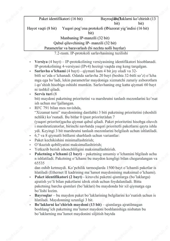 i hisoblanadi. ip-protokolining 4-versiyasi (ipv4) hozirgi vaqtda eng keng tarqalgan. · sarlavha o’lchami (4 bayt) - qiymati ham 4 bit joy oladi va 32-bitli so’zda o’lchanadi. odatda sarlavha 20 bayt (beshta 32-bitli so’z) o’lchamga ega bo’ladi, lekin parametrlar maydoniga xizmatchi zaruriy axborotlarni qo’shish hisobiga oshishi mumkin. sarlavhaning eng katta qiymati 60 baytni tashkil qiladi. · servis turi (8 bit) maydoni paketning prioritetini va marshrutni tanlash mezonlarini ko’rsatish uchun mo’ljallangan. · rfc 791 bilan mos ravishda, “xizamat turni” maydonining dastlabki 3 biti paketning prioritetini (shoshilinchlik) ko’rsatadi. bu bitlar 0 (past prioritet)dan 7 (yuqori prioritet)gacha qiymat qabul qiladi. paket prioritetini hisobga oluvchi marshrutizatorlar, birinchi navbatda yuqori prioritetli paketlarni qayta ishlaydi. keyingi 3 bit marshrutni tanlash mezonlarini belgilash uchun ishlatiladi. · 6,7 va 8 qiymatli bitllarni sharhlash uchun variantlar: · paket kechikishini minimallashtirish; · o’tkazish qobiliyatini maksimallashtirish; · yetkazib berish ishonchliligini maksimallashtirish. · paketning o’lchami (2 bayt) – paketning umumiy o’lchamini blgilash uchun …