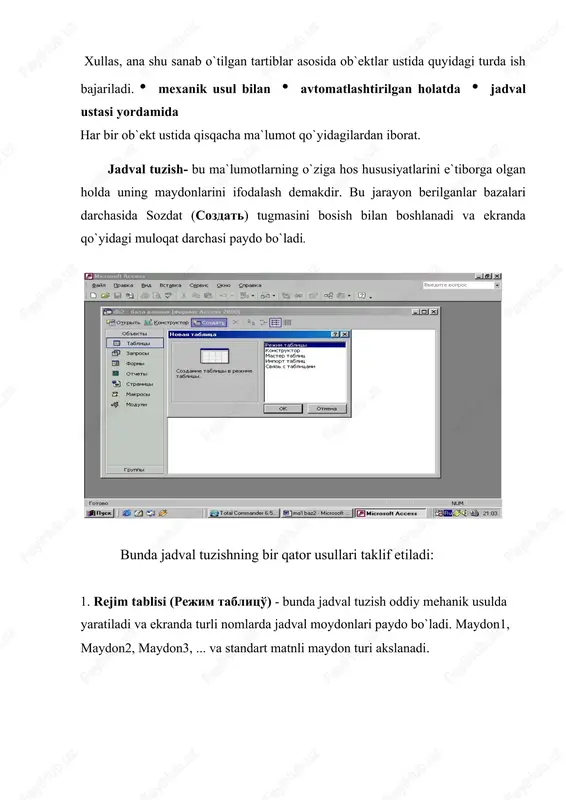 iradi, muayyan zapros (so`rov) orqali qayta ishlaydi va natijalarni otchet ( hisobot) tarzida tashkil qiladi. birgina berilganlar bazasida millionlab foydalanuvchi ish yuritadi, ammo tuzilmasiga qo`l tekizmaydi, foydalanuvchilar berilgan 6 ta ob`ektning 4 tasi bilan ish yuritishi mumkin bo`ladi. umuman olganda, ushbu ob`ektlar bilan ish bajarish uchun foydalanuvchilar quyidagi tugmachalardan foydalanib ish olib borishlari mumkin: · otkro't' - tanlagan obektni ochadi. · konstruktor- tanlagan obekt tuzilmasini ochadi. · sozdat'- yangi obektlarni tashkil qiladi. berilganlar bazasining o`ziga xos xususiyatlari- berilganlar bazalarining jadvallari mustaqil ravishda hujjat bo`la olmaydi, ammo jadval tuzilmasi esa hujjat bo`ladi, biroq microsoft access dasturida uning uchun alohida fayl ajratilmagan. jadvaldagi barcha o`zgarishlar avtomatik ravishda real vaqt holatida saqlanadi, real vaqt holatida jadval bilan ishlash jarayonida uzluksiz saqlash davom etadi. birinchi maydonga ma`lumotlarni kiritish to`htagach 2- maydonga o`tiladi, shu vaqtda ma`lumotlar venchesterga yozila boradi va avtomatik ravishda saqlanadi. berilganlar bazalarida jadvallar bilan ishlash jarayonlari 1. berilganlar bazalarini boshqarish tizimlari darchasining …