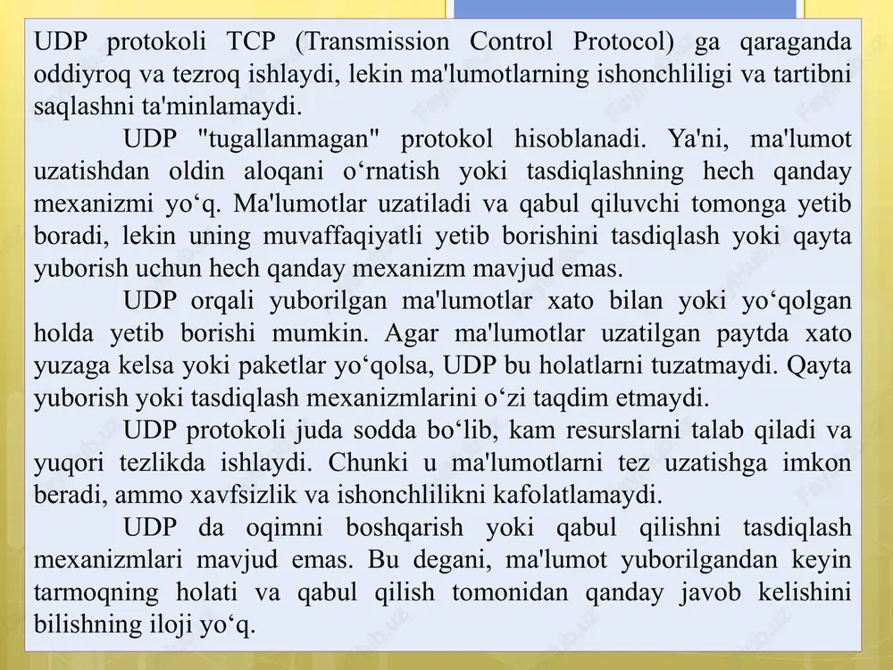 a o‘ta yuklanish bo‘lsa, tcp yuboriladigan paketlarni kamaytiradi, bu esa tarmoqdagi qayta yuborishlarni kamaytiradi. tcp protokoli, o‘ta ishonchli va yuqori darajadagi xizmatlarni ta'minlash uchun ishlatiladi. masalan: web-sahifalar (http, https) fayl uzatish (ftp) elektron pochta (smtp, pop3, imap) masofaviy kirish (ssh) tcp ning afzalliklari: tcp ma'lumotlarning to‘liq va ishonchli tarzda yetib borishini ta'minlaydi. tcp tarmoqdagi overloadni oldini olish uchun oqimni boshqaradi. xatoliklar aniqlanib, paketlar qayta yuboriladi, bu ma'lumotlarni to‘liq va xatosiz uzatishni ta'minlaydi. tcp paketlarni to‘g‘ri tartibda qabul qilinishini ta'minlaydi. tcp ning kamchiliklari: tcp yuqori darajadagi xizmatlar uchun mo‘ljallangan bo‘lib, ba'zida tezlikni sekinlashtirishi mumkin, chunki u ma'lumotlarni qayta yuborish, tasdiqlash va boshqaruv mexanizmlari bilan ta'minlaydi. tcp uchun resurslar (masalan, ram va protsessor vaqt) ko‘proq sarflanadi, chunki protokol o‘rnatish, xatoliklarni aniqlash va oqimni boshqarish uchun bir nechta qo‘shimcha jarayonlarni talab qiladi. tarmoq komponentalari tarmoq komponentalari — bu tarmoqning to‘liq ishlashini ta'minlash uchun zarur bo‘lgan barcha apparat va dasturiy vositalar. har bir komponent …