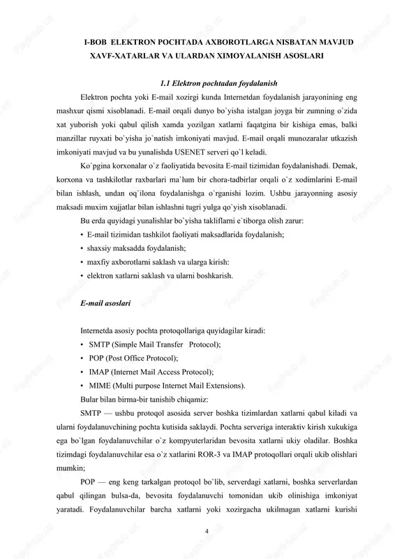 zim. ushbu jarayonning asosiy maksadi muxim xujjatlar bilan ishlashni tugri yulga qo`yish xisoblanadi. bu erda quyidagi yunalishlar bo`yisha takliflarni e`tiborga olish zarur: • e-mail tizimidan tashkilot faoliyati maksadlarida foydalanish; • shaxsiy maksadda foydalanish; • maxfiy axborotlarni saklash va ularga kirish: • elektron xatlarni saklash va ularni boshkarish. e-mail asoslari internetda asosiy pochta protoqollariga quyidagilar kiradi: • smtp (simple mail transfer protocol); • pop (post office protocol); • imap (internet mail access protocol); • mime (multi purpose internet mail extensions). bular bilan birma-bir tanishib chiqamiz: smtp — ushbu protoqol asosida server boshka tizimlardan xatlarni qabul kiladi va ularni foydalanuvchining pochta kutisida saklaydi. pochta serveriga interaktiv kirish xukukiga ega bo`lgan foydalanuvchilar o`z kompyuterlaridan bevosita xatlarni ukiy oladilar. boshka tizimdagi foydalanuvchilar esa o`z xatlarini ror-3 va imap protoqollari orqali ukib olishlari mumkin; pop — eng keng tarkalgan protoqol bo`lib, serverdagi xatlarni, boshka serverlardan qabul qilingan bulsa-da, bevosita foydalanuvchi tomonidan ukib olinishiga imkoniyat yaratadi. …