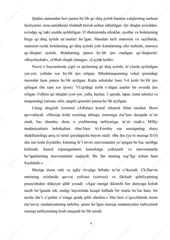 qali o’zbek xor san’ati tarixi, uning unikal jihatlarini ko’rsatish va milliy-madaniy taraqqiyotini ta’kidlash maqsadini o’z ichiga oladi. kurs ishining vazifasi. ushbu kurs ishida quyidagi vazifalarni belgilab oldim; · xor tushunchasi va uning kelib chiqish tarixi; · o’zbek xor madaniyatining shakllanishi; · o’zbekistonda xor madaniyati va rivojlanishi; · xor musiqasi tarixi: ushbu qadimiy san’at turining rivojlanishi. kurs ishining predmeti. xor madaniyati rivojlanishi va tarixini bosqichma bosqich o’rganib tahlil qilish. kurs ishining obyekti. tarixiy yodgorliklar va joriy madaniy fazilatlarini o’rganishga qaratilgan adabiyotlar. i bob. xor madaniyatining kelib chiqish tarixi, uning jamiyat hayotidagi o’rni va ahamiyati. 1.1 xor tushunchasi va uning kelib chiqish tarixi. xor grekcha “xoros” – “yig’ilish” ma’nosini bildiradi. qadimiy grek teatr spektakllarida qatnashuvchi ashulachilar “xorvetlar” nomi bilan yuritilgan. xor ijodiy uyushgan jamoa bo’lib, u ma’lum ovozga ega bo’lgan ijrochi xonandalardan tashkil topadi. uning xarakterli belgilaridan biri – bu xordan yakka tembrlarning qo’shilishidan hosil bo’ladigan o’ziga hos tembrdir. demak, xor deb …