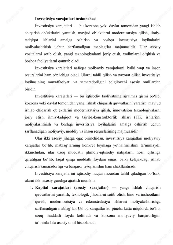 ar esa xodimlar uchun ijtimoiy kafolatlar yaratish, ish sharoitlarini yaxshilash va jamiyat manfaatlarini hisobga olishni o‘z ichiga oladi. ekologik xarajatlar esa loyihaning atrof-muhitga salbiy ta’sirini kamaytirishga qaratilgan chora-tadbirlarni moliyalashtirishni bildiradi. investitsiya xarajatlarining boshqa muhim jihati — ularni prognozlash va nazorat qilish imkoniyati. har qanday investitsiya loyihasi muvaffaqiyatga erishishi uchun xarajatlar oldindan rejalashtirilishi, ularning samaradorligi baholanishi va optimal boshqaruv mexanizmlari joriy etilishi zarur. shu bilan birga, xarajatlarning har bir turi loyihaning rentabelligini, moliyaviy barqarorligini va uzoq muddatli ijtimoiy-iqtisodiy samaradorligini bevosita belgilaydi. shu nuqtai nazardan qaraganda, investitsiya xarajatlari nafaqat moliyaviy hisob-kitob, balki strategik qarorlar qabul qilish, resurslarni optimal taqsimlash va loyihaning muvaffaqiyatini ta’minlashda muhim vosita sifatida xizmat qiladi. ularni to‘liq va tizimli tushunish investitsiya faoliyatining samaradorligini oshirish va iqtisodiy barqarorlikni ta’minlashda asosiy shartlardan biridir. investitsiya xarajatlarining tiplari investitsiya xarajatlarini bir necha mezonlar bo‘yicha turlarga ajratish mumkin. ularning asosiylari quyidagilardan iborat: a) asosiy (kapital) xarajatlar asosiy xarajatlar yangi ishlab chiqarish quvvatlarini yaratish yoki …