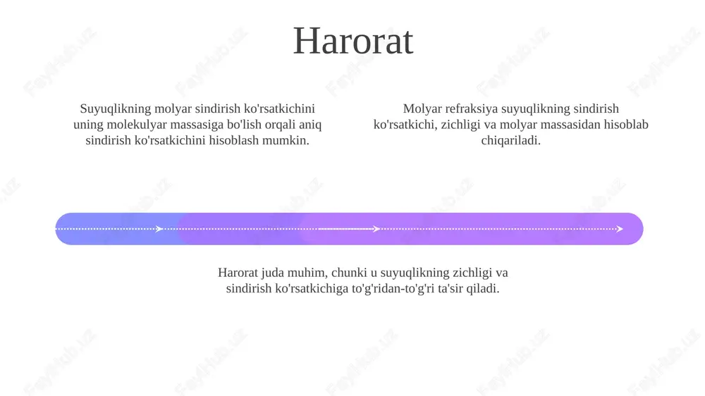 aniqlang. snell qonunidan foydalanib sinish ko'rsatkichini hisoblang (n1 sin θ1 = n2 sin θ2). aralashmalarni tahlil qilish maxsus sinish koeffitsienti - bu moddaning molekulyar og'irligiga nisbatan normalizatsiya qilingan bog'liq xususiyat. molyar refraksiya - bu moddaning yorug'likni sindirish qobiliyatini o'lchovchi o'lchov bo'lib, u sindirish ko'rsatkichi va zichlik yordamida hisoblab chiqiladi. aralashmalarni tahlil qilish namunadagi tarkibiy qismlarni ajratib, ularning tarkibini aniqlashni o'z ichiga oladi. maxsus refraktsiya o'ziga xos sinish ko'rsatkichi moddaning nuri o'sha moddadan o'tganda qancha burilishi haqida ma'lumot beradi. molyar refraktsiya moddaning o'ziga xos refraktsiyasi molekulyar og'irligiga ko'paytirilganiga teng. suyuqlikning molyar va o'ziga xos sindirish ko'rsatkichini uning sindirish ko'rsatkichi va zichligini o'lchash orqali hisoblash mumkin. e'tiboringiz uchun rahmat @taqdimot_robot image1.jpeg image2.jpeg image3.jpeg