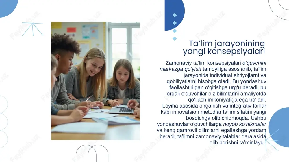 qiladi, ularni kelajakdagi hayotga puxta tayyorlaydi. oʻqituvchilarning malakasini oshirish va qoʻllab-quvvatlash 04 kasbiy rivojlanish dasturlari muntazam kasbiy rivojlanish dasturlari o‘qituvchilarning ilmiy va amaliy ko‘nikmalarini muntazam yangilashni taʼminlaydi. treninglar, seminarlar, vebinarlar va malaka oshirish kurslari ular uchun professional ustuvorliklarni oshirishda muhim rol o‘ynaydi.yuqori sifatli taʼlimni taʼminlash uchun doimiy malaka oshirish zarurdir, chunki bu o‘qituvchilarga zamonaviy pedagogik metodlar va ilg‘or texnologiyalarni samarali qo‘llash imkoniyatini beradi. natijada, taʼlim jarayoni samaradorligi va sifat darajasi sezilarli darajada yaxshilanadi. mentorluk va hamkasblar bilan tajriba almashish mentorluk tizimi yangi o‘qituvchilarga professional qo‘llab-quvvatlash va yo‘naltirishni taʼminlaydi, ularning malakasini tezkor oshirishga imkon yaratadi. bu jarayon yangi pedagoglarning ishga tez moslashishi va sifatli taʼlim berishini taʼminlaydi.tajriba almashish o‘qituvchilar o‘rtasida eng yaxshi amaliyotlarni o‘zaro o‘rganish va keng joriy etishni rag‘batlantiradi. ushbu yondashuv professional hamjamiyatni mustahkamlab, o‘qituvchilar orasida can do ruhini shakllantiradi. natijada, taʼlim sifatining uzluksiz yaxshilanishi va innovatsiyalar joriy etilishi taʼminlanadi. texnologik yangiliklar haqida xabardorlikni taʼminlash o‘qituvchilarga zamonaviy texnologik yangiliklar haqida …