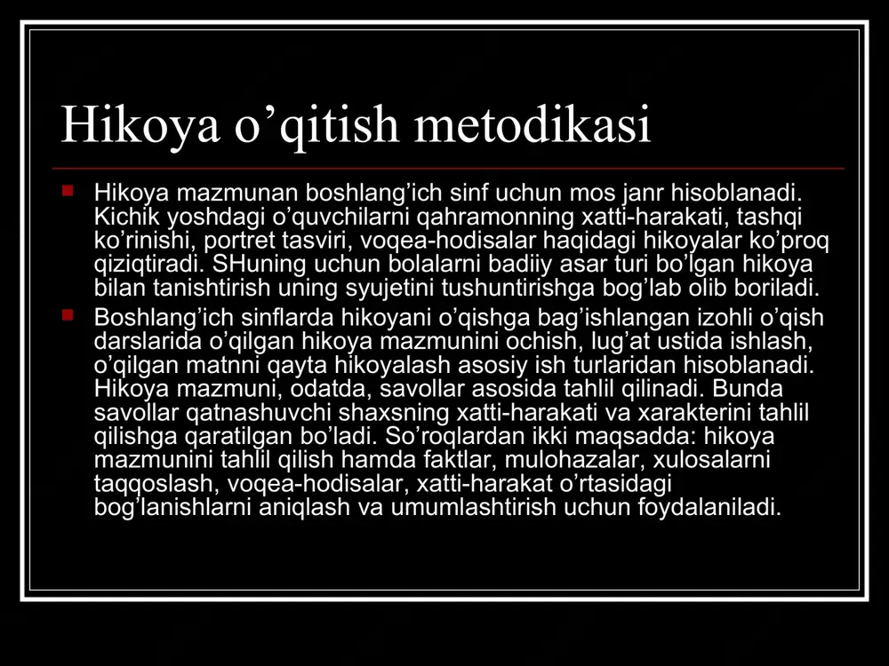 alar uchun juda qiziqarlidir. ertakda qatnashuvchilar ko’pincha rahmdil, saxiy, adolatli hamda ularning aksi bo’lgan yovuz, baxil, ochko’z obrazlarga bo’linadi. ertakning pedagogik qimmati shundan iboratki, bolalar unda to’g’rilik, halollik g’alaba qilganidan, kishilar qiyinchilikdan qutulganidan, ya’ni yaxshilik, ezgulik ro’yobga chiqqanidan va yomonlik, yozuvlik mahkumlikka uchraganidan quvonadilar. ular hayotda ham doim shunday bo’lishini istaydilar. ertak bolalarda personajlarning xatti-harakatini muhokama qilib baholash ko’nikmasini o’stiradi. o’quvchilar ertakni tahlil qilish jarayonida kishilardagi qanday sifatlar sizga yoqadi? nima uchun? ...nima uchun jazolanadi (yoki rag’batlantiriladi)? nima uchun ertakdagi ba’zi qaxramonlarga xatto tabiat kuchlari ham yordam beradi, ba’zilaridan esa, aksincha, yuz o’giradi? kabi savollarga javob berish uchun o’ylaydilar, ertak qaxramonlarining xatti-harakatini muhokama qilib, uni baholashga o’rganadilar. masalan, “ur to’qmoq” ertagidagi asosiy fikr yaxshilikka-yaxshilik qaytishi, yovuzlik qoralanishini ifodalashdan iborat bo’lsa, “donishmand” ertagida ahillikka undashdan iborat. ertakda halq o’z hayotini o’zi hikoya qiladi, shuning uchun o’quvchilar ertakni o’qish bilan ma’lum davrdagi halq hayotini, o’ylari va orzu-istaklarini bilib oladilar. ertak o’quvilar nutqini …