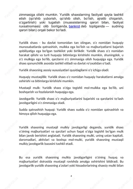 idik shaxs o'z mulkidan mustaqil ravishda foydalanish va boshqarish huquqiga ega bo'lishi, korxonaning moliyaviy barqarorligini ta'minlaydi. 3. javobgarlik cheklanganligi: yuridik shaxsning majburiyatlari uchun faqat o'z mulki bilan javob berishi, uning a'zolari yoki hissadorlarining moliyaviy xavflarini cheklaydi. mustaqil mulkiy javobgarlikning amaliyotdagi turlari: 1. aktsiyadorlik jamiyatlari: aktsiyadorlar o'z investitsiyalari miqdorida mulkiy javobgarlikka ega bo'lishadi. aktsiyadorlik jamiyati o'z majburiyatlarini bajarish uchun faqat o'z mulki bilan javob beradi. 2. mas'uliyati cheklangan jamiyatlar (mchj): mchj a'zolari jamiyatning majburiyatlari uchun o'z ulushlari miqdorida javob beradi. jamiyatning o'zi esa mustaqil mulkiy javobgarlikka ega. 3. soliq va moliyaviy majburiyatlar: yuridik shaxslar soliqlarni to'lash va boshqa moliyaviy majburiyatlarni bajarish uchun o'z mulkidan foydalangan holda javob beradi. misollar: 1. aktsiyadorlik jamiyati: "abc corp." nomli aktsiyadorlik jamiyati o'z majburiyatlari uchun faqat o'z mulki bilan javob beradi. agar jamiyat bankrotlikka uchrasa, aktsiyadorlar faqat o'z ulushlari miqdorida javobgar bo'ladi. 2. mas'uliyati cheklangan jamiyat (mchj): "xyz llc" mas'uliyati cheklangan jamiyat bo'lib, uning a'zolari jamiyatning …