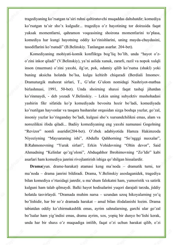 arini yuqori darajali tarzda, jiddiy holatda tasvirlaydi. “dramada muhim narsa – uzundan uzoq hikoyalarning yo’q bo’lishidir, har bir so’z dramada harakat – amal bilan ifodalanishi lozim. drama tabiatdan oddiy ko’chirmakashlik emas, ayrim sahnalarning, garchi ular go’zal bo’lsalar ham yig’indisi emas, drama ayrim, xos, yopiq bir dunyo bo’lishi kerak, unda har bir shaxs o’z maqsadiga intilib, faqat o’zi uchun harakat qilib, o’zi bilmasdan ham, pyesaning umumiy harakatiga yordam beradi, drama xayol, mulohaza orqali yopishtirilmasdan, balki fikrdan tug’ilgan bo’lsagina shunday xarakterga ega bo’ladi” (v.belinskiy, 207-bet). dramaning qahramoni ko’pincha hayotdagi oddiy kishilar, ularning dramatizmga to’la qismatlaridir. ularning taqdirlarida ro’y beruvchi jiddiy konfliktlarning oqilona bartaraf qilinishidir. agar tragediya qahramoni noilojlikdan halok bo’lsa, uni taqdir boshqarsa, drama qahramoni o’z irodasiga, xarakteriga muvofiq yakun topadi, uni tipik sharoit mantig’i to’liq asoslaydi. izzat sulton va uyg’unning “alisher navoiy”, o’lmas umarbekovning “qiyomat qarz”, “o’z arizasiga ko’ra”, izzat sultonning “imon” kabi asarlari – dramaning harakat birligiga asoslangan eng yaxshi …