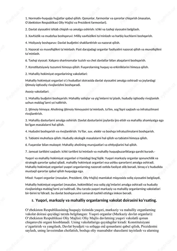 tizimliligi belgilangan maqsad va vazifalarga erishish hamda boshqaruv funksiyalarini samarali amalga oshirishni ta’minlaydi. davlat boshqaruviga berilgan barcha ta’riflarda uning asosiy mazmuni davlatning ijtimoiy munosabatlarni tartibga solishga qaratilgan maqsadga muvofiq amaliy ta’sir etishi ko‘rsatib o‘tilgan. asosiy xususiyatlari: 1. tartibga soluvchanlik: davlat boshqaruvi qonunlar, normativ hujjatlar va davlat qarorlari asosida amalga oshiriladi. 2. ijro etuvchi hokimiyatga asoslanganlik: davlat boshqaruvi asosan ijro etuvchi hokimiyat organlari tomonidan bajariladi. 3. maqsadga yo‘naltirilganlik: boshqaruvning asosiy maqsadi davlatning siyosiy, iqtisodiy va ijtimoiy manfaatlarini amalga oshirishdir. 4. majburiylik: davlat boshqaruvi qarorlari barcha subyektlar uchun majburiy hisoblanadi. 5. boshqaruv vositalaridan foydalanish: qonun chiqaruvchi va nazorat qiluvchi mexanizmlar yordamida amalga oshiriladi. maqsadlari: fuqarolarning huquq va erkinliklarini himoya qilish; davlat siyosatini amalga oshirish; ijtimoiy-iqtisodiy rivojlanishni ta’minlash; davlat tizimining samarali faoliyatini yo‘lga qo‘yish. misol: soliq yig‘ish tizimini tashkil qilish; huquqni muhofaza qilish organlari tomonidan xavfsizlikni ta’minlash; ta’lim va sog‘liqni saqlash sohalarini boshqarish. davlat boshqaruvi jamiyatda tartibni saqlash va barqaror rivojlanishni ta'minlash uchun …