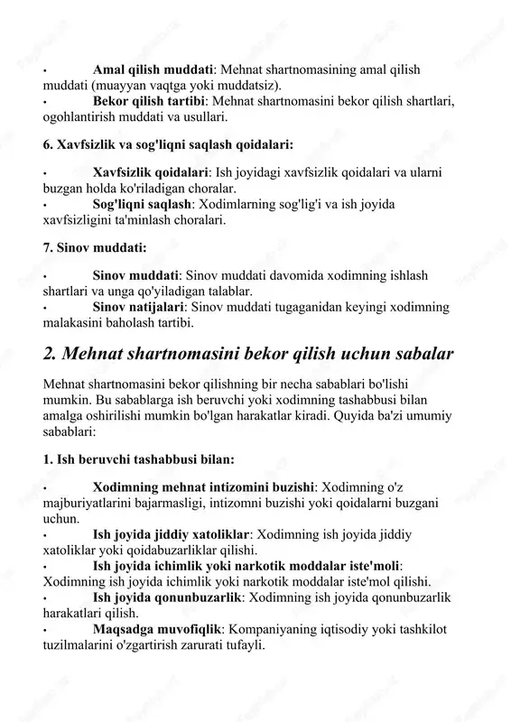 tufayli. 2. xodim tashabbusi bilan: · ish sharoitlarining noqulayligi: xodimning ish sharoitlarini yomon deb hisoblashlari. · xodimning sog'lig'iga zarar yetishi: ishning xodimning sog'lig'iga zarar yetishi. · yangi ish takliflari: xodimning boshqa ish takliflarini qabul qilishi. · shaxsiy sabablari: xodimning shaxsiy sabablari yoki oilaviy majburiyatlari. 3. o'zaro kelishuv: · o'zaro kelishuv: xodim va ish beruvchi o'zaro kelishuv bilan mehnat shartnomasini bekor qilishi mumkin. 4. qonuniy sabablari: · ish beruvchining buzilishlari: ish beruvchining qonun buzilishi yoki majburiyatlarini bajarmasligi. · ishlayotgan yuridik shaxsning tugatilishi: kompaniyaning tugatilishi yoki bankrotlik e'lon qilinishi. mehnat shartnomasini bekor qilish jarayoni qonuniy talablarga rioya qilishi kerak va har ikki tomon ham o'z huquq va majburiyatlarini bilishi lozim mehnat shartnomasini bekor qilish sabablari bo'yicha qo'shimcha turlari: 1. shartli bekor qilish: ba'zi mehnat shartnomalarida shartli bekor qilish huquqi mavjud. bu holatda, agar shartnomada ko'rsatilgan muayyan shartlar bajarilmasa, ish beruvchi yoki xodim shartnomani bekor qilishi mumkin. 2. xodimning irodasiga ko'ra bekor qilish: …