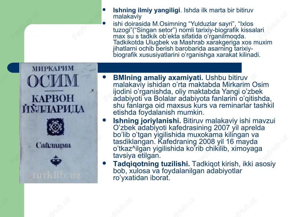 ishda tarixiy haqiqat va badiiy to’kimaning uyg`unligi yulduzlar sayri” kissasining bosh qahramoni tarixiy shaxs ulugbekdir. adib o’z kaxramonini kitobxonga shunday tanishtiradi: “un yoshga kirgan, orikkina, bo’ychan ulugbek kun salkin bo’lishiga karamay ich ko’ylakda xovliga tushdi”. bundan kaxramon tashki qiyofasiga xos chizgilar orqali qissada tarixiy shaxs xayotining bolalik davri xususida xikoya kilinayotganligi ayonlashadi. bolalarga bagishlangan kissalarda bosh qaxramonning bolalarcha fikrlashi, dunyoni bolalar nigoxi bilan ko’rishi va idrok etishi muxim xususiyat sanaladi. adib ulugbekning begubor bolalik davrini ifoda etishda ana shu tamoyilga asoslangan mirkarim osim o’zining o’nlab qissalar bilan xx asrning ikkinchi uzbek prozasini aloxida saxifalar yarata oldi. bular orasida yulduzlar sayri , “ixlos tuzogi” kabi tarixiy-biografik asarlar ajralib turadi. ushbu kissalar kompozistion jixatdan butun, badiiy jihatdan ancha puxta ishlangan, obrazlar olami esa boy. unda adib ulugbek va mashrab xakidagi tarixiy xakikatlarga tayanib, 15-asrning etuk olimi va kudratli podshox ulug`bekning bolalik va kisman katta yoshlik, mashrabning o’smirlik davridagi xayotini badiiy gavdalantirilgan. aytish …