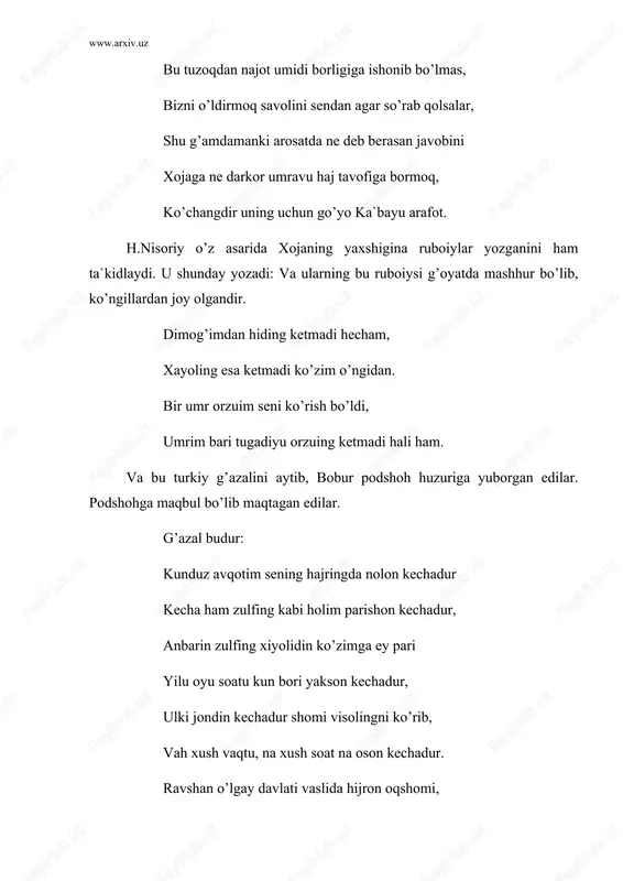 koyatlardan iborat asar ustida anchagina bahslar bo’ldi. keyingi ilmiy xulosalar bu asarni ham xojaniki deyishga asos bo’ladi. v.zohidovning kuzatishlaricha, «gulzor» bilan «miftohul adl»ni bir-biriga o’xshashligi kuzatiladi. ayrim hikmatlar ikkalasida ham uchraydi. «miftohul adl» muqaddimasi bor, xotimasi yo’q. «gulzor»da aksincha. shuning uchun bo’lsa kerak bu ikki asarni v.zohidov bir kitobning ikki qismi bo’lsa kerak degan fikrni bildiradi. «miftohul adl» va «gulzor» kichik-kichik hikoyalar to’plamidan iborat. olimlarning qayd etishicha, «miftohul adl» 1508-10 yillarda temur sultonga bag’ishlab yozilgan. xojaning «miftohul adl» va «gulzor» asarlarida qur`oni karimning, sa`diyning «guliston», jomiy, nizomiy, navoiy asarlarining ta`siri seziladi. bu asarlarni yozishda xoja ko’proq xalq og’zaki ijodidan va nizomiydan ilhomlangan. «miftohul adl» (odillik kaliti)da shohlar, vazirlar, turli amaldorlar, ruhoniylar, olimlar, talabalar, hunarmandlar, o’g’rilar, bezorilar va boshqa kishilaring obrazlarini uchratamiz. hikoyalarda nuh payg’ambar, daqqi yunus, sulaymon payg’ambar bilan bog’liq diniy hikoyatlar ko’zga tashlanadi. iskandar, no’shiravon, sulton mahmud, sulton malikshoh kabi tarixiy obrazlar ham uchraydiki, xoja hikoyatlarida bu obrazlar tarixiy …