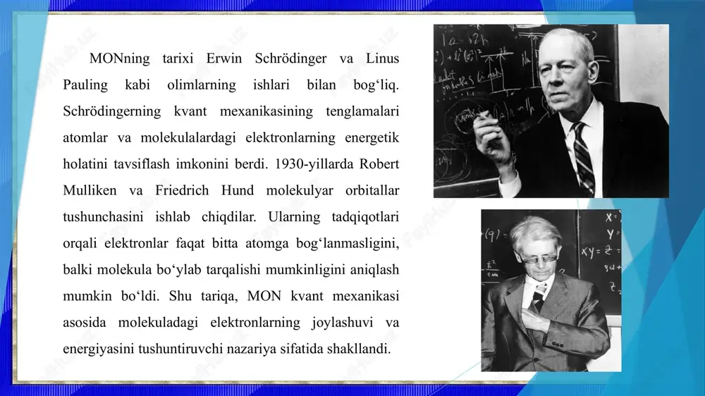 tronlarning molekulyar orbitallarga taqsimlanishi molekulalarning bog‘lanish tartibi va barqarorligini tushuntirishga yordam beradi. h₂ molekulasi eng oddiy molekulalardan biri hisoblanadi. har bir vodorod atomida bitta elektron mavjud va ular sigma bonding orbitalida birlashadi. sigma orbitaldagi ikkita elektron molekulani barqaror qiladi, antibonding orbital esa bo‘sh qoladi. natijada h₂ molekulasi juda barqaror va uning bog‘lanish tartibi 1 ga teng. bu sodda misol monning elektronlar taqsimoti va molekulaviy barqarorlikni tushuntirishdagi kuchini ko‘rsatadi. o₂ molekulasi esa yanada murakkabroqdir. har bir kislorod atomida 8 ta elektron bor va ular p orbitallarida joylashadi. mon yordamida o₂ molekulasining elektron tuzilishi quyidagicha bo‘ladi: sigma va pi orbitallarda elektronlar joylashadi, bunda antibonding pi orbitalida ikkita elektron mavjud. shu sababli o₂ paramagnit xususiyatga ega bo‘ladi, ya’ni tashqi magnit maydonga tortiladi. klassik lewis nazariyasi yordamida bu hodisani tushuntirish qiyin bo‘lardi, ammo mon orqali bu hodisa aniq tavsiflanadi. azot molekulasi (n₂) mon yordamida oson tushuntiriladi, chunki u yuqori barqarorlikka ega. har bir azot …