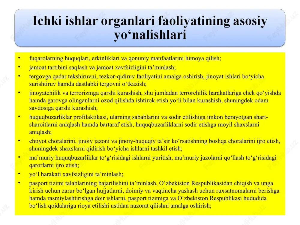 an ozod etiladi. qoraqalpog‘iston respublikasi ichki ishlar vaziri o‘zbekiston respublikasi ichki ishlar vaziri bilan kelishilgan holda qoraqalpog‘iston respublikasi jo‘qorg‘i kengesi tomonidan lavozimiga tayinlanadi va lavozimidan ozod etiladi. viloyatlar ichki ishlar boshqarmalarining boshliqlari o‘zbekiston respublikasi ichki ishlar vaziri tomonidan lavozimga tayinlanadi va lavozimidan ozod etiladi. tumanlar va shaharlar ichki ishlar boshqarmalarining (bo‘limlarining) boshliqlari qoraqalpog‘iston respublikasi ichki ishlar vazirining, toshkent shahar va toshkent viloyati ichki ishlar bosh boshqarmalari boshliqlarining, viloyatlar ichki ishlar boshqarmalari boshliqlarining taqdimnomalari bo‘yicha o‘zbekiston respublikasi ichki ishlar vaziri tomonidan lavozimga tayinlanadi va lavozimidan ozod etiladi ichki ishlar organlarining tayanch punktlari tumanlar va shaharlar ichki ishlar boshqarmalarining (bo‘limlarining) ichki ishlar organlarining jamoatchilik bilan hamkorligini ta’minlash maqsadida tashkil etiladigan hamda qishloqlarda, ovullarda va mahallalarda jamoat tartibi saqlanishini, fuqarolar xavfsizligini, huquqbuzarliklar profilaktikasini, jinoyatchilikka qarshi kurashishni bevosita ta’minlaydigan asosiy quyi bo‘g‘inidir. ichki ishlar organlarining tayanch punktlari faoliyatni profilaktika katta inspektorlari, inspektorlaridan va ularning jamoat tartibini saqlash bo‘yicha yordamchilaridan iborat tarkibda amalga oshiradi. profilaktika …