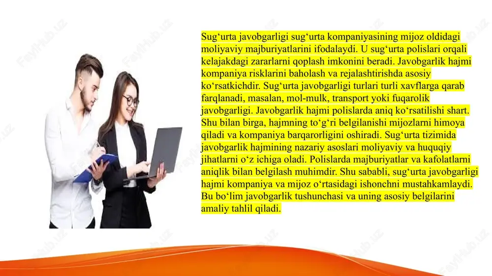 h va natijalarni tekshirish b) polislarga yangi shart qo‘shish c) mijozlarni o‘qitish d) marketing kampaniyasini kuchaytirish 9.zamonaviy dasturiy ta’minot ehtimollik va qoplamalarni aniqlashda nima beradi? a) tezlik va aniqlik b) faqat ko‘rinish chiroyini c) narxlarni oshirish imkonini d) soliq kamaytirishni 10.sug‘urta hodisasi va qoplamalarni aniqlashning iqtisodiy ahamiyati nima? a) kompaniya va mijozlar manfaatini himoya qilish b) faqat nazariy tahlil c) marketing strategiyasini kuchaytirish d) yillik hisobotlarni ko‘paytirish produktiv va noproduktiv test 1.sug‘urta javobgarligi hajmi nima ifodalaydi? a) kompaniya soliq majburiyatini b) kompaniya mijoz oldidagi moliyaviy majburiyatlarini c) xodim ish vaqtini d) hududiy bo‘linma balansini 2.javobgarlik hajmi sug‘urta tizimida nima uchun muhim? a) risklarni baholash va to‘lovlarni rejalashtirish uchun b) kompaniyani yopish uchun c) faoliyatni qisqartirish uchun d) soliq imtiyozi olish uchun 3.javobgarlik hajmini aniqlash mezonlaridan biri nima? a) tarixiy va statistika ma’lumotlari b) xodim ish soati c) bank kreditlari d) soliq stavkalari 4.tarif va qoplamalarni belgilashda nimani hisobga olish muhim? …