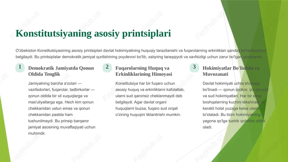 irda fuqarolarning asosiy huquq va erkinliklari yanada aniqroq ta'riflanib, ularning himoyasi uchun maxsus mexanizmlar belgilandi. jamiyatda erkinlik va xavfsizlikning kerakli muvozanasi ta'minlanish uchun yangi qoidalar qabul qilindi. davlat organlari samaradorligi konstitutsiyani yangilash davlat organlari faoliyatining samaradorligini, shaffofligini va xalqqa javobgarligi oshirishga qaratilgan. elektron xizmatlar va e-hukumat tizimi yanada mustahkamlandi. xalqning roli referendum bevosita demokratiya huquqlar himoyasi yangi mexanizmlar va kafolatlar tizim takomil kishi davlat xizmatlarining yaxshilanishi 6 inson manfaatlari va davlat o'rtasidagi uyg'unlik "inson uchun davlat" — bu o'zbekiston davlat siyosatining markaziy tamoyilidir. davlat organlari ishlayotganda bu tamoyil asosida harakat qiladi va qabul qinadigan har bir qonun fuqarolarning manfaatlarini e'tiborga olib qabul qilinadi. davlat fuqarolarning xavfsizligi, ta'limi, salomatligi va ijtimoiy himoyasi uchun mas'ul bo'ladi. jamiyat markazi fuqaro erkinliklarining himoyasi ta'lim va rivojlanish barkamol shaxs qurilishi salomatlik kafolati aholi sog'lig'ini himoya qilish bandlik va taraqqiyot iqtisodiy imkoniyatlar oila himoyasi jamiyatning asosiy birligining mustahkamlanishi barkamol shaxs va erkin jamiyat qurilishi — bu …