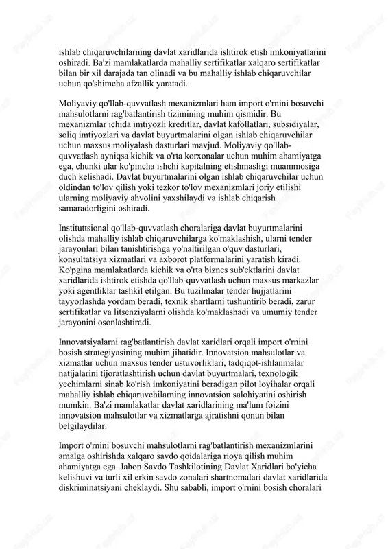 exanizmlarining uchinchi muhim yo'nalishi mahalliy ishlab chiqaruvchilar uchun maxsus tenderlarni tashkil etishdir. bu usul orqali ma'lum xil tender protseduralarida faqat mahalliy ishlab chiqaruvchilar ishtirok etishlari mumkin bo'lgan cheklangan tenderlar o'tkaziladi. bunday yondashuv ayniqsa kichik va o'rta biznes sub'ektlari uchun foydali bo'lib, ularga yirik xalqaro kompaniyalar bilan to'g'ridan-to'g'ri raqobatlashmasdan davlat buyurtmalarini olish imkoniyatini beradi. maxsus tenderlar odatda ma'lum bir qiymat chegaragacha bo'lgan xaridlar uchun qo'llaniladi va mahalliy ishlab chiqaruvchilarning salohiyatini oshirish maqsadida amalga oshiriladi. texnik shartlarni shakllantirishda import o'rnini bosish maqsadlarini hisobga olish ham muhim mexanizmlardan biridir. tender hujjatlarida belgilanadigan texnik talablar va spetsifikatsiyalar mahalliy ishlab chiqaruvchilarning imkoniyatlari va standartlariga moslashtirilishi mumkin. biroq, bu yerda xalqaro savdo tashkiloti qoidalari va ikki tomonlama savdo shartnomalarini hisobga olish zarur. texnik shartlar diskriminatsion bo'lmasligi, ya'ni aniq bir ishlab chiqaruvchi yoki brend nomini ko'rsatmasligi kerak, lekin ular mahalliy ishlab chiqaruvchilarning raqobat qobiliyatini oshiradigan tarzda shakllantirilishi mumkin. sertifikatlash va standartlashtirish talablari ham import o'rnini bosish siyosatida …