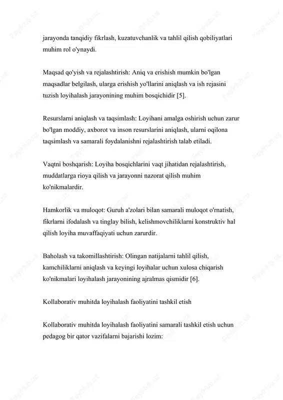 monitoring qilish: loyiha bosqichlarini muntazam kuzatib borish, muammolarni o'z vaqtida aniqlash va hal qilishga ko'maklashish loyiha muvaffaqiyatini ta'minlaydi. loyihalash jarayonida uchraydigan qiyinchiliklar va ularni bartaraf etish yo'llari kollaborativ muhitda loyihalash faoliyatini amalga oshirishda bir qator qiyinchiliklar yuzaga kelishi mumkin: guruh dinamikasining muammolari: ba'zi o'quvchilar guruhda dominant mavqeni egallashga intilishi, boshqalari esa passiv qolishi mumkin. bu muammoni hal qilish uchun rollarni aniq belgilash, har bir a'zoning mas'uliyat sohasini aniqlash va individual hissani baholash tizimini joriy etish foydalidir [8]. vaqtni boshqarish qiyinchiliklari: o'quvchilar ko'pincha vaqtni noto'g'ri taqsimlaydilar, muhim bosqichlarga kam vaqt ajratib, ikkinchi darajali mashg'ulotlarga ko'proq e'tibor berishlari mumkin. pedagog ular bilan birga vaqt jadvalini tuzish va uni kuzatib borishga yordam berishi kerak. muloqot muammolari: turli xarakter va temperamentga ega o'quvchilar o'rtasida tushunmovchiliklar yuzaga kelishi tabiiy. samarali muloqot ko'nikmalarini o'rgatish, tinglay bilish va hurmat qilish madaniyatini shakllantirish bu muammoni hal qilishga yordam beradi [9]. texnologik qiyinchiliklar: zamonaviy loyihalar ko'pincha raqamli vositalardan foydalanishni …