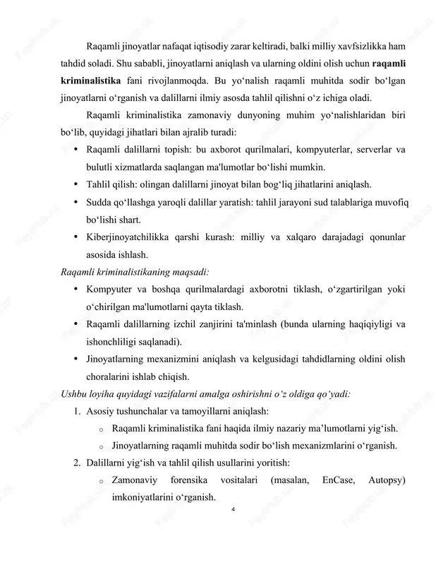 (2013–2014): · tavsif: yahoo kompaniyasiga qilingan kiberhujum natijasida jami 3 milliard foydalanuvchining shaxsiy ma’lumotlari o‘g‘irlangan. bu tarixdagi eng yirik ma’lumotlar buzilishi bo‘lib, kompaniya moliyaviy va obro‘-e’tibor jihatidan katta zarar ko‘rgan. · ahamiyati: bu hodisa kompaniyalarning o‘z axborot tizimlarini qanchalik zaif bo‘lishini va shaxsiy ma’lumotlarni himoya qilish zarurligini ko‘rsatdi. colonial pipeline hujumi (2021): · tavsif: aqshdagi eng yirik quvur tizimiga qilingan ransomware hujumi natijasida tizim ishlamay qoldi va mamlakatning sharqiy sohilidagi yoqilg‘i ta’minoti izdan chiqdi. bu hujum natijasida kompaniya $4.4 million to‘lov qilishga majbur bo‘ldi. · ahamiyati: strategik infratuzilmalarni himoya qilishdagi kiberxavfsizlikning ahamiyatini ko‘rsatib berdi. umuman olganda, raqamli kriminalistika bugungi raqamli davrning muhim yo‘nalishlaridan biri bo‘lib, kiberjinoyatchilikka qarshi kurashda asosiy qurol sifatida qaraladi. ushbu soha faqat jinoyatlarni tekshirish bilan cheklanib qolmay, balki axborot xavfsizligini ta’minlash, texnologiyalarni mas’uliyatli va qonuniy foydalanishni rag‘batlantirishga ham xizmat qiladi. shu sababli, raqamli kriminalistika nafaqat texnologiyalar bilan ishlovchi mutaxassislar uchun, balki jamiyatning barcha qatlamlari uchun dolzarb ahamiyatga …