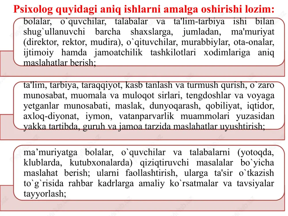da qabul qilingan qarorlarga nisbatan e'tiroz bildirsa, u holda o`z fikrini bildirish, uni dalillash uchun yuqori tashkilotlarga murojaat qiladi. psixologik xizmatni ilmiy jihatdan ta'minlash maqsadida ilmiy-uslubiy markazlar bilan uzviy aloqa bog`laydi. ilmiy-uslubiy markaz rahbarligida yangi diagnostik metodikalar ishlab chiqish, tavsiyalar yozishda faol ishtirok qiladi. mtt, maktab va oliy ta’lim muassasasi faoliyatini yaxshilash, takomillashtirish bilan bog`liq bo`lgan muammolarni hal qilishni xalq ta'limi tashkilotlari oldiga qo`yadi. oliy va o`rta maxsus, xalq ta'limi tizimidagi psixologlarning faoliyati, psixologik maslahat va muomalaning ijtimoiy-psixologik faol usullari, psixokorreksion, psixodiagnostika, ijtimoiy, pedagogik, bolalar psixologiyasi sohalari bo`yicha umumpsixologik tayyorgarlik olgan, psixologik ixtisosga ega bo`lgan mutaxassislar tomonidan amalga oshiriladi. 2.amaliy psixologning axloqiy kasbiy faoliyati asosida yotuvchi asosiy tamoyillar axloq – bu har qanday ijtimoiy guruhning xulq-atvori, axloqiy normalari yig'indisidir. har qanday kasbiy guruh faoliyatida o'ziga xos me'yorlar, kasbiy xulq-atvor qoidalari ham ishlab chiqiladi, ular birgalikda kasbiy etikani tashkil qiladi. bunday fikrlar tibbiy hamda ilmiy etikaga tegishlidir. shifokor ishida axloqning ahamiyati …