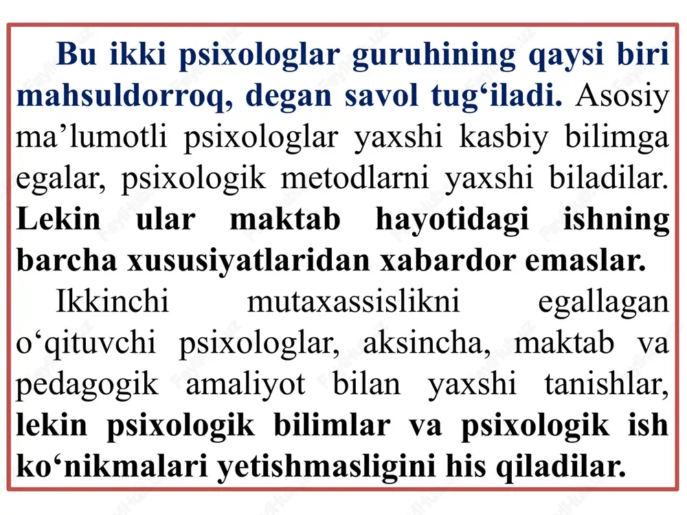 'limi tizimida doimo o‘z malakasini oshirib borishi kerak. muammolar muhokamasida va ular yuzasidan qaror qabul qilishda kasbiy vakolat chegarasidan aslo chetga chiqmaslik ma'qul. shu sohaning mas'ul mutaxassislari tomonidan ishlab chiqilgan qoidalarga rioya qilgan holda barcha ko‘rsatmalar va tavsiyalarni qat’iy bajarishi shart. barcha psixologik masalalarni hal qilishda o‘quvchi va talaba manfaati, ijtimoiy tarbiya maqsadidan kelib chiqishi zarur. diagnostik va korreksion faoliyat natijalarini sir saqlash, olingan ma'lumotlar sinaluvchilar shaxsiyatiga zarar keltirmasligi, ularni qurshab turgan muhit a'zolari tahlikaga tushmasligi kerak. ma'muriyat, ota-onalar, o‘qituvchilar jamoasi bilan hamkorlikda faoliyat ko‘rsatishi lozim. mttda, maktabda va oliy ta’lim muassasasida o‘tkaziladigan tadqiqot maqsadi, mohiyati, vazifasi va natijalari yuzasidan pedagogik kengash, ilmiy kengash, ma'muriyat (rahbariyat, direktor, rektor)ga ma'lumot berish va nizom bandlariga qat'iy rioya qilishi maqsadga muvofiqdir. ma'muriyatga, pedagogik kengashga, ilmiy kengashga o‘quvchi va talabalarga yakka tartibda yondoshishni ta'minlovchi imkoniyat, ularni hal qilishning psixologik shartlari, ta'lim-tarbiyadagi nuqsonlarning oldini olish omillari, yo‘llari yuzasidan yordam ko‘rsatish zarur. bolalar, o‘quvchilar, talabalarning shaxsiy …