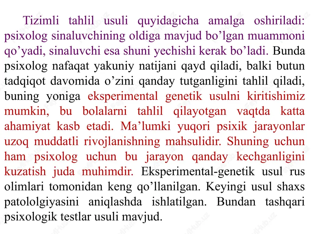 aoliyatini kuzatish natijasida sport faoliyatini kuzatish orqali muloqot jarayonini kuzatish orqali uning o`z diqqatini taqsimlashi, tashqi qo`zg`atuvchidan ta'sirlanish darajasi haqida ma'lumot yig`ish mumkin. odam irodasi, ishchanligi, his-tuyg`usini, o`zini idora qila olishini o`rganish mumkin. nutq, his-tuyg`u xususiyatlarini, introvert yoki ekstravert ekanligini, qiziquvchanligini va boshqa xususiyatlarini aniqlash mumkin. tashqi kuzatishda ba'zan tafakkur bo`yicha ham ma'lumotlar olish mumkin. ish ustidagi kayfiyatini. fikrning ob‘yektga yo`naltirilganligini, ta'sirga berilishi yoki berilmasligini, chehrasidagi tashvish va iztirobni, teranlik, termulish kabi ruhiy holatlarni o`rganish mumkin. bundan tashqari qo`lning titrashi, asabiylashish, nutqning buzilishi, hissiyotning beqarorlashuvi singarilar ham o`rganiladi. suhbat metodi. inson psixikasini o`rganishda suhbatning maqsadi va vazifasi belgilanadi, uning ob'ekti va sub'ekti tanlanadi, mavzusi, vaqti, joyi aniqlanadi, yakka, guruhiy va jamoa bilan bog`liq savol–javob tartibi tayyorlanadi. suhbatning bosh maqsadi muayyan bir vaziyat yoki muammoni xal qilish jarayonida inson psixikasidagi o`zgarishlarni o`rganishdir. test metodi. test – inglizcha so`z bo`lib, sinash, tekshirish demakdir. shaxsning aqliy o`sishini, qobiliyatini. irodaviy sifatlari va boshqa psixik …
