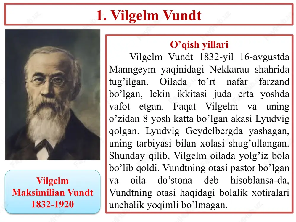 ziologiyada o’qish jarayonida psixologiya haqida mustaqil eksperimental fan sifatida fikr yuritadi. 1874 yilda vundt tsyurixdagi induktiv falsafa kafedrasiga taklifnoma oldi. gelmgolts unga falsafa tabiatshunoslikka asoslangan bo’lishi kerakligini ta’kidlab, tavsiyanoma berdi. biroq, vund tsyurixda uzoq vaqt ishlamadi, atigi bir yil. 12 leypsigdagi yillar 1875 yilda vundt leypsig universitetining falsafa professori bo’ldi; shu daqiqadan boshlab uning hayratlanarli ilmiy karyerasining eng uzun va eng muhim davri boshlanadi. bundan buyon leypsig bir necha yillar davomida jahon psixologiyasining beshigi va poytaxti bo’lishi kerak edi. vundt bu shahar universitetida 45 yil ishlagan. 1879 yilda kichik laboratoriya ochildi, uning asbob-uskunalari eksperimental ish uchun oddiy asboblardan iborat edi. shunga qaramay, 1879 yil ilmiy psixologiyaning ramziy sanasiga aylandi, o’shandan beri leypsigda professor vilgelm vundt dunyodagi birinchi eksperimental psixologiya laboratoriyasini ochdi. vundt ongli ichki tajribani tahlil qilishda tabiiy-ilmiy usulni qo’llashga harakat qildi, uning eng oddiy tuzilmalarini aniqlashga va tasvirlashga harakat qildi. shunday qilib, xuddi materiya atomlarga bo’lingani kabi ong ham …