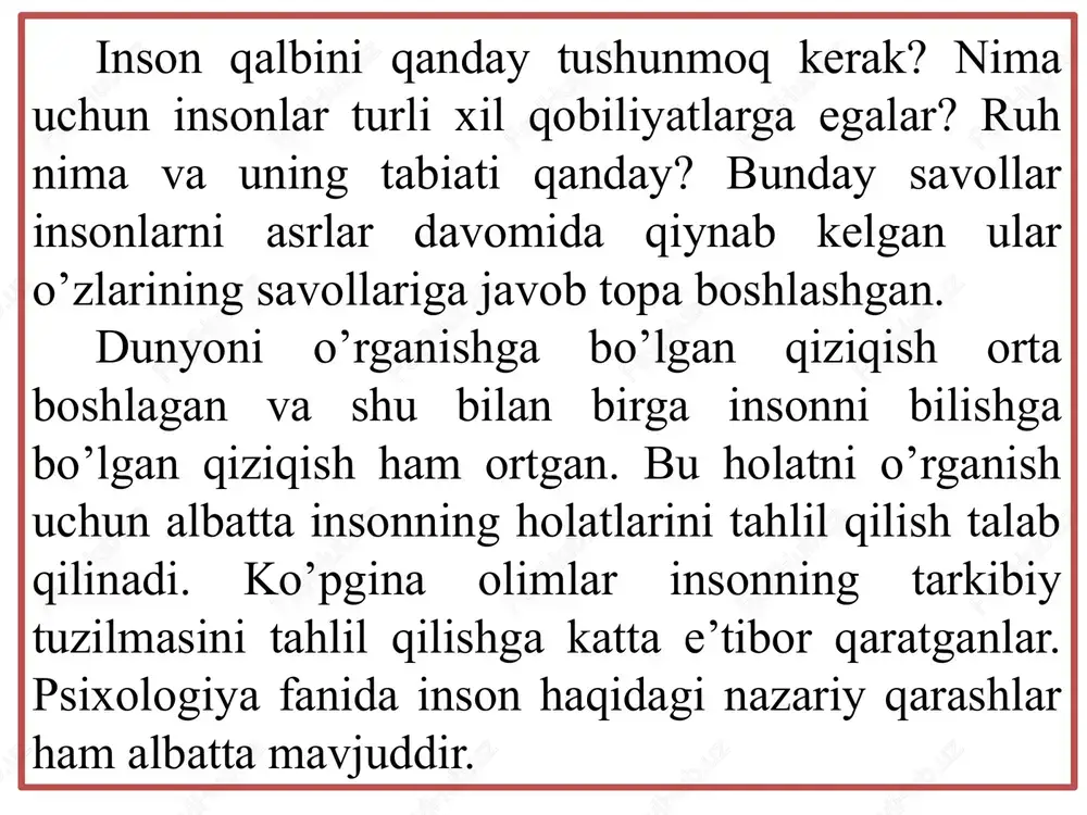 tlari va ko’rsatkichlari bilan belgilanadi. albatta kasbning nufuzi va ommabopligi undagi fikrlarni turli tumanligini keltirib chiqarishi mumkin. sotsial nufuzi qanchalik oshsa xalq orasida bu kasbni yoyilishi ham aniq bo’ladi. gippenreyterning fikri bo’yicha ilmiy psixologiya hayotiy psixologiyadan ustun emas. ular bir birini to’ldirishadi. psixologiyaning sotsial nufuzi haqida so’z ketar ekan mutaxassis psixolog va qiziquvchi psixologlar o’rtasida albatta tafovutlarni tahlil qilish zarurdir. insonlar qiziqish doirasida bir-biriga yordam qo’lini cho’zishlari mumkin, bu esa yaxshigina samara berishi mumkin. unda mutaxassis psixologlarning nima zarurati mavjud. bu savol hammaga berilishi mumkin. ko’pincha birinchi va ikkinchi kurs talabalari o’zini psixolog sanash mumkinligi yoki yo’qligi haqida o’ylanib qolishadi. mutaxassis psixolog va qiziquvchi psixologlarning orasida bir qator farqlar mavjuddir. 11 bular quydagilar: a) mutaxassis psixologlarda nazariy bilimlar tizimining mavjudligi, psixika va psixologiya tushunchalarining umumlashtirilganligi. qiziquvchi psixologda bu bilimlar ko’p bo’lishi mumkin. u ko’plab adabiyotlarni o’qigan bo’lishi mumkin, biroq ular haqidagi bilimlari yuzaki hisoblanadi, bu ma’lum bir davralarda o’z bilimlarini …