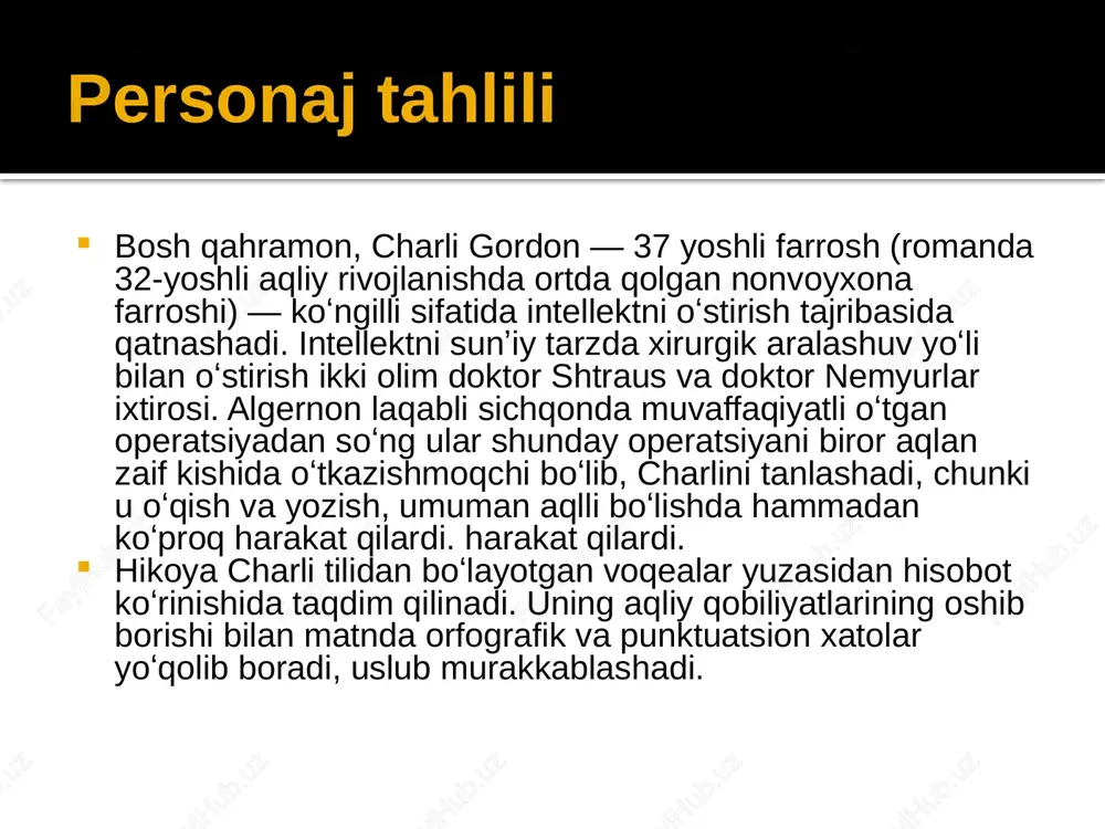 b boraveradi. romanda uning iq si avvalgisidan ham pastlaydi. u eski ishiga qaytadi, uning ustidan kulishlaridan yana qoʻrqishni boshlaydi. ishdagi eski hamkasblari avval uni mazax qilib, operatsiyadan soʻng yuz oʻgirishgan boʻlsada, endi unga mehr va achinish bilan boqishadi. yangi ishchi uning ustidan kulishiga yoʻl qoʻyishmaydi. syujet tahlili hikoya nomi charli kundaligining oxiridagi iltimosdan olingan: „p.s.s iltimos agar iloji boʻlsa eljernonni qabriga qabriga gul qoʻyinglar. . eʼtibor qilish kerakki, romanda syujet oʻsishi fasllarga qarab oʻzgaradi. bahor qahramonning tuzalishini, yoz oʻz choʻqqisiga yetishini, kuz salohiyatining pasayishi bilan kechadi. kitobxon bosh qahramon bilan martda tanishadi, shu oyda operatsiya qilinadi. bahorda uning oʻsishi yuz beradi, mayda toʻliq tuzalib, qora ishchi boʻlib ishlagan ishxonasidan ketadi. yozda daho darajasiga yetadi va olamga taniladi, avgustda uni davolagan olimlardan oʻzib ketadi. kuzda pastlash boshlanadi, ammo uning tugallanishi asar tugallangan noyabr oyida boʻladimi, yo keyinroq, bunisi nomaʼlum. subyektiv tahlil charli rivojlanish qobiliyatiga ega bo‘lmagan aqli zaif bolalar maktabi o‘qituvchisi …