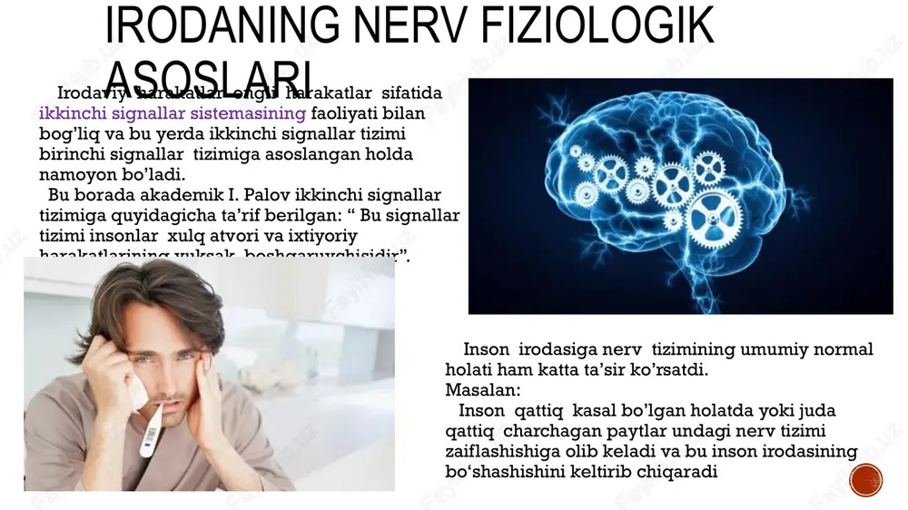 ashqari ortiqcha qo‘rquvlar sotsialfobiya, agarofobiya( qiyin vaziyatlarda o‘zini yo’qotib qo‘yish)layni shakllantiradi. abuliyaning shaxsda doimiy kuzatilishi klinik jihatdan abuliya sindromi deb ataladi. bu sindromni yuzaga keltiruvchi sabablarni esa klinik bir necha guruhlarga bo’lishimiz mumkin. nevrologik potalogiyalar natijasida: turli sindromlar jarohatlari eplilepsiya , parkinson kasalligi, pik kasalligi toksinlar va yuqumli kasalliklardan miyaning zaharlanishi turli xil o’smalar bu kasalliklarda miyaning zaiflashishi natijasida fikrlash , irodaviy jarayonlar bloklanadi. 2. ruhiy buzilishlar natijasida : og’ir ruhiy buzilishlar: shizofreniya aqliy zaiflik yengil ruhiy buzilishlar: nevrotik depressiyalar affektiv buzilishlar bu kasalliklarda insonga motivatsiya “ energiya salohiyati” ning yo’qligi abuliyaga olib keladi. 3. irsiy omillar natijasida: tugma shizofreniyaga moyil bolalarda shakllanadi. abuliyaning turlari qisqa muddatli ( depressiya , nevroz holatlarida) davriy ( affektiv buzilishlarda, shizofreniyaning dastlabki bosqichlaridagi holatlarda ) doimiy ( kuchli shizofreniya , apatiya kabi holatlarda) bunday kishilarga nisbatan tashxis qo’yish : kuzatish metodi suhbat metodi psixodiagnostik tekshiruvlar orqali amalga oshiriladi. abuliya mavjud shaxslarning eng dastlabki asosiy …