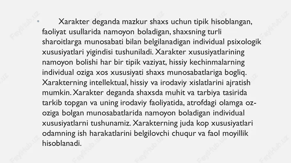 gan uchta tipni ajratib korsatgan (astenik, atletik, piknik). ularning har biri shaxsni ma'lum xarakter tiplari bilan boglangan bolsa ham, aslida hech qanday ilmiy asoslab bolmaydi.1.astenik tip - krechmer fikricha, uncha katta bolmagan gavda tuzilishli, ortacha yoki undan balandroq boyli, oriq kishilardir. asteniklarning tana va yuz terisi nozik, yelkasi tor, yassi, mushaklari yaxshi rivojlanmagan.2.atletik tip - skelet va mushaklar yaxshi rivojlangan, ortachadan yuqori, baland boyli, keng elkali, kuchli kokrak qafasli, boshini tik tutib yuradigan kishilardir.3.piknik tip - bosh, kokrak qafasi va qorin boshligi yaxshi rivojlangan, semirishga moyil, tayanch-harakat a'zolari yaxshi rivojlanmagan kishilardir. xarakter borasidagi nazariyalar. xarakter borasidagi ta'limotlar tarixi uzoq otmishga borib tarqaladi. xususan, arastu va aflotun kishi xarakterini basharasiga qarab aniqlashni taklif qilgan edilar. ularning xarakterologiyasi asosi qanchalik sodda bolsa, shunchalik garoyib faraz yotardi. kishining tashqi korinishida qandaydir hayvon bilan oxshashlik belgisini topish tavsiya qilinardi, songra esa uning xarakterini ana shu hayvonnning xarakteri bilan aynan bir xil deb qarash kerak …