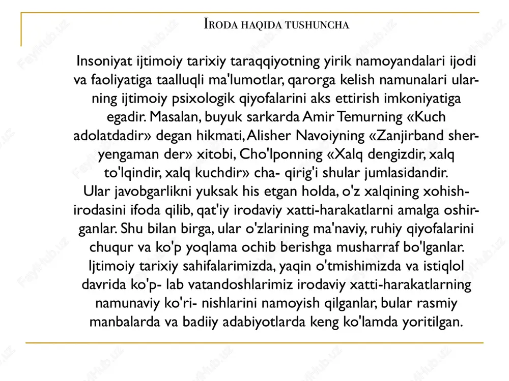 bilan) harakatlar qila boshlaydi. lekin harakatlarning birontasi ham ma'lum bir maqsadga qaratilgan bo`lmaydi. ilk bolalik yoshidagi bolalarning irodaviy harakatlarini rivojlantirishda nutqni egallash nihoyatda katta rol o`ynaydi. bola nytqni egallab olgach, u kattalar bilan nutq orqali, munosabatga kirishadi, ularning topshiriqlarini quvonib bajaradi. masalan, kichkina bolalar katta odamlarning "bu yoqqa kel", "mana bu yerga o`tip", "qo`lingni ber" kabi topshiriqlariga bemalol tushunib sidqi dildan bajaradilar. irodaviy jarayonlar bilan bog`liq bo’lgan asosiy ixtiyoriy harakatlar bog’cha yoshidan boshlab yuzaga kela boshlaydi. lekin kichik yoshdagi bog’cha bolalarida hali ixtiyorsiz harakatlar ustunlik qiladi. 3 yoshli bolaning ko’pgina harakatlari uning tafakkuriga emas, balki hissiyotiga tobe bo’ladi. shuning uchun ham bu yoshdagi bolalar hali biron bir ishga o`zlarini majbur etish uddasidan chiqa olmaydilar. bog’cha yoshidagi bolalar irodaviy harakatlarining rivojlanishida ular nutqining tobora o`sib borishi juda katta ahamiyatga ega. tarbiyachilar va ota-onalar turli yoshdagi bolalarga og`zaki turda turli xil vazifalarni topshiradilar. bolalar ayni chog`dagi o’yinlarni yoki boshqa qilayotgan ishlarini qo`yib, …