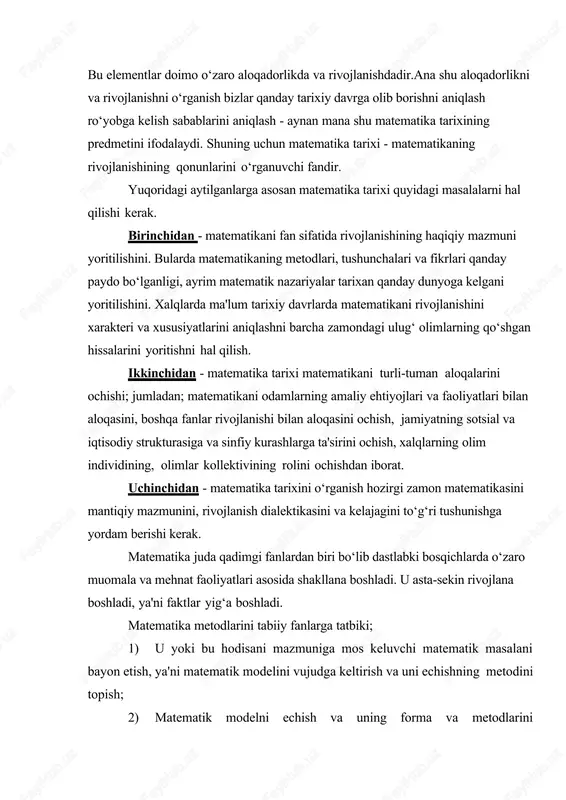 qsadi. matematika o'qitishni tashkil etish formalari va ularning ahamiyati o’rganish va amaliyotga joriy etish. kurs ishining vazifalari. kursning maqsadidan kelib chiqqan holda quyidagi vazifalar belgilandi: - matematika o'qitishni tashkil etish formalari va ularning ahamiyatining asosiy tushunchalarini tahlil qilish; - matematika o'qitishni tashkil etish formalari va ularning ahamiyati bo‘yicha adabiyotlar to‘plash, tahlil qilish va ularning imkoniyatlari bilan tanishish; · matematika o'qitishni tashkil etish formalari va ularning ahamiyati tavsifini ishlab chiqish; · matematika o'qitishni tashkil etish formalari va ularning ahamiyati o'rganish metod va vositalarini yaratish kurs ishining ob’ekti. matematika o'qitishni tashkil etish formalari va ularning ahamiyati mavzusini o‘qitish jarayoni. kurs ishining predmeti. matematika o'qitishni tashkil etish formalari va ularning ahamiyati ning usul, vositalari va o‘qitish texnologiyasi. kurs ishi tuzilmasining tavsifi. kurs ishi kirish, 2 ta bob,5 ta paragraf, xulosa, foydalanilgan adabiyotlar ro‘yxatidan iborat. i bob. o’zbekistonda matematika fanini o’qitish metodikasi tarixi va rivojlanishi 1.1.xx asrgacha o'rta osiyo madrasalarida matematika fanining o'qitilishi matematika …
