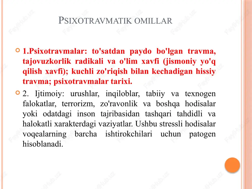 hvishi, simptomning flesh-orqa qismi (jarohatni qayta boshdan kechirish) va boshqalar bilan namoyon bo'lishi mumkin. tssb turlari xavotirli somatoform disforik astenik bezovta qiluvchi tur shkaslanishdan keying stressning tashvishli turi nafaqat ongli, balki tanada ham seziladigan motivatsiyasiz tashvishning tez-tez paydo bo'lishi bilan ajralib turadi. shu sababli-kayfiyatning tez-tez o'zgarishi, uyqu buziladi: kabuslar, uyqusizlik.uyquning buzilishi uxlab qolish qiyinligi, ularning holati haqidagi tashvishli fikrlar ongida hukmronlik qilish, uyquning sifati va davomiyligi uchun qo'rquv, og'riqli tushlardan qo'rqish (jangovar harakatlar, zo'ravonlik epizodlari, ko'pincha bemorlarning o'zlarini jazolash) bilan tavsiflanadi.bunday odamlar muloqotga intilishadi va bu ularning og'riqli va tashvishli holatini engillashtiradi. astenik tur u letargiya va zaiflik hissi ustunligi bilan ajralib turadi. kayfiyat fonlari pasayadi, hayotdagi ilgari qiziq bo'lgan voqealarga befarqlik, oila muammolari va ish masalalariga befarqlik paydo bo'ladi. xulq-atvor passivlik bilan ajralib turadi, hayotdan zavqlanish tuyg'usini yo'qotish tajribasi xarakterlidir. ongda o'z qobiliyatsizligi haqidagi fikrlar ustunlik qiladi.hafta davomida psixotravmatik vaziyatning epizodlari bir necha bor beixtiyor taqdim etiladi. biroq, tashvishli …