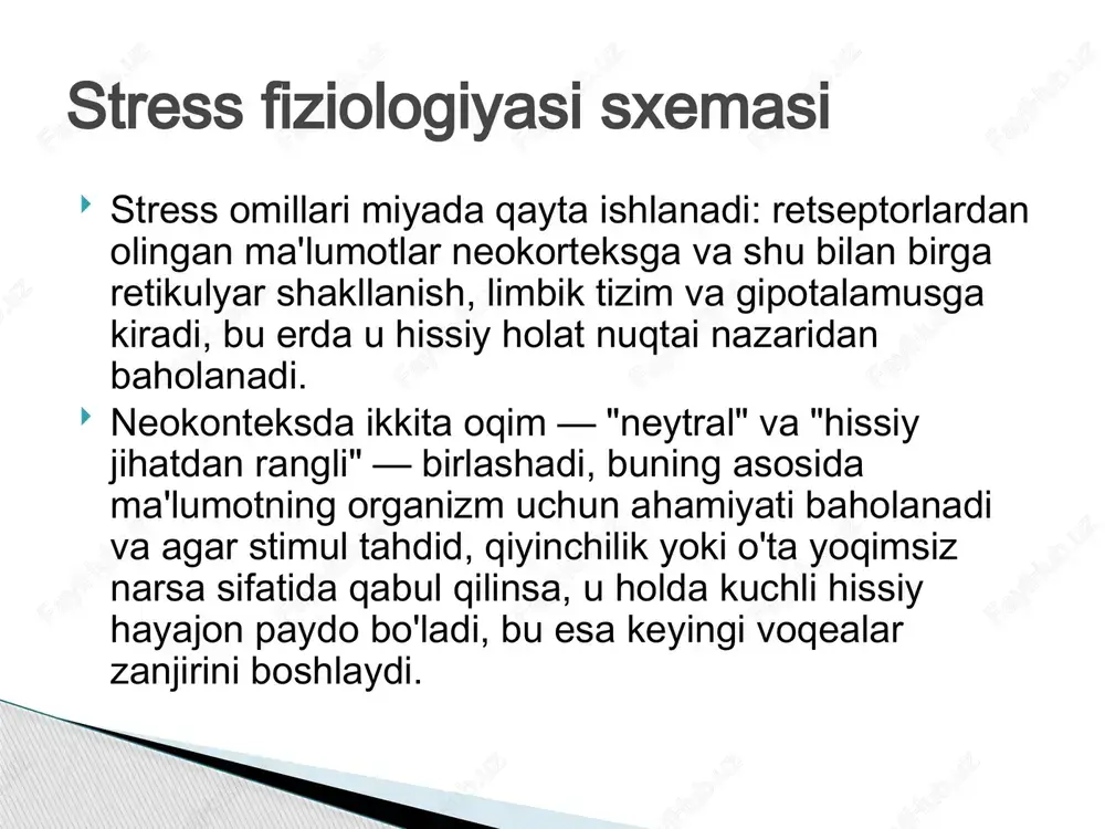 i. umuman olganda, ushbu moddalar odamning stimullarga psixogen reaktsiyalarini kamaytiradi, stress reaktsiyasini qo'zg'atadigan hissiy reaktsiyaning intensivligini pasaytiradi. endogen opiatlar (enkefalinlar, endorfinlar, dinorfinlar). ularning ishlab chiqarilishi stress bilan ortadi, natijada bir qator to'qimalarning katekolaminlar ta'siriga sezgirligi pasayadi. bu, ayniqsa, markaziy asab tizimidagi neyronlarning norepinefringa sezgirligi bilan bog'liq. shunday qilib, prostaglandinlar stress reaktsiyasining og'irligini kamaytiradi. prostaglandinlar (asosan e guruhlari). glyukokortikoidlar ta'sirida lipidlarning peroksidlanishi faollashadi, natijada erkin radikallar hosil bo'ladi, bu hujayralardagi ko'plab biokimyoviy reaktsiyalarning faollashishiga olib keladi, bu ularning hayotiy faoliyatini buzadi (moslashish uchun to'lov). shu bilan birga, tanada antioksidantlar deb ataladigan ushbu erkin radikal jarayonlarning endogen "o'chirgichlari" mavjud. bularga e vitamini, oltingugurt o'z ichiga olgan aminokislotalar (sistin, sistein), superoksid dismutaza fermenti kiradi. antioksidant tizim. stress reaktsiyasi paytida parasempatik asab tizimining faollashishi glyukokortikoidlar va stress reaktsiyasining boshqa ishtirokchilarining yon ta'siridan himoya qilishning eng muhim mexanizmi hisoblanadi. trofotrop mexanizmlar. image1.jpeg /docprops/thumbnail.jpeg