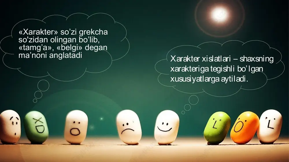 r. shuning uchun biz xarakterning boshqa shaxsiy fazilatlari kabi faoliyatda shakllantirilishini ta'kidlashga haqlimiz. xarakterni muzlatilgan shakllanish deb atash mumkin emas, uning shakllanishi inson hayoti davomida sodir bo'ladi. va bu shuni anglatadiki, har birimiz har qanday vaqtda vaziyatga va o'zgarishlarga qarshi turishimiz mumkin. asosiysi, o'z kuchsizligingizni "bu mening xarakterim" iborasi orqasida yashirmang 17 18 xulosa xulosa qilib aytganda xarakterning shakllanishi ijtimoiy munosabatlar bilan belgilanadi. ijtimoiy munosabatlar oiladagi, o`quv jamoasidagi muhit xayrihohlik, zolimlik, badjahllik, ichi qoralik, kamtarinlik, raqobat, o`zaro yordam va boshqalarni o`z ichiga oladi. shu sababli kishining g`oyaviy yo`nalganligi, o`ziga, boshqalarga, mehnatga munosabati, dunyoqarashining shakllanganli darajasi jamiyatda, oilada, o`quv yurtida tarbiya jarayoni qanday tashkil qilinganiga bog`liq. ammo xarakterni umumiy nazariyalar, nasihatlar bilan shakllantirib bo`lmaydi. bular shaxsning bilimlarigagina aylanib qolishi mumkin, xolos. xarakterning shakllanishi, tarkib topishi odamning faqat faol faoliyati jarayonida ro`y beradi. faol harakatlar jarayonida ma`lum harakatlar tizimi, harakatlar usullari shakllantiriladi va mustahkamlanadi. foydalanilgan adabiyotlar ro'yxati 1.bogoslovskiy v.v. umumiy psixologiya. - …