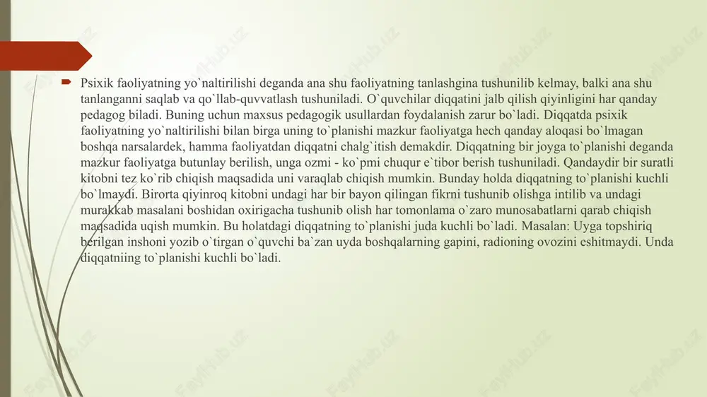 linadi. biz diqqatni qaratishni maqsad qilib qo`ymagan paytimizda psixik faoliyatning yo`naltirishi va to`planishi ixtiyorsiz xarakterga ega bo`lishi mumkin. bunday hollarda faoliyatning maroqliligi, qiziqarli yoki kutilmaganda favqulotdaligi bilan odamni o`z - o`ziga jalb eta oladi. odam o`ziga ta`sir qilayotgan narsalarga, hodisalarga, bajarayotgan faoliyatiga beixtiyor berilib ketadi. masalan: biror ishni bajarayotgan odam radioda yoqimli kuy yoki ashulani eshitib qolsa yoki e`lonni eshitsa u beixtiyoriy qilayotgan ishini tashlab radioga quloq soladi. biroq biz ko`zlagan maqsad va qabul qilingan qaror tufayli ma`lum bir ishni bajarish lozimligini bilar ekanmiz, bunday holda diqqatning yo`nalishi va to`planishi ixtiyoriy tabiatga ega bo`lishi mumkin. biz bunday paytda diqqatimizni bajarayotgan ishimizga qaratishni maqsad qilib qo`yamiz. masalan: maktab o`quvchisi berilgan topshiriqni ongli ravishda bajarishini ixtiyoriy tabiatga ega deb bilamiz. ba`zan esa tamoman boshqa bir narsa jalb qiladi? bu o`rinda biz odatda diqqatni jalb qilish xususida bir - biri bilan zich bog`lanib ketgan murakkab sabablarga egamiz. bu sabablarni tahlil qilish maqsadida biz …