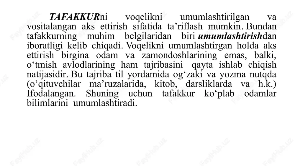 lan boshqa mavjudotlardan ajralib turadi. u fikr yuritish faoliyatida oʻzida aks ettirgan, idrok qilgan, tasavvur etgan narsa va hodisalarning haqiqiyligini aniqlaydi, hosil qilingan hukmlar, tushunchalar, xulosalar chin yoki chin emasligini belgilab oladi. inson tafakkuri orqali voqelikni umumlashtirib, bevosita (bilvosita) aks ettiradi, narsa va hodisalar oʻrtasidagi eng muhim bogʻlanishlar, munosabatlar, xususiyatlarni anglab yetadi. binobarin, inson muayyan qonun, qonuniyat va qoidalarga asoslangan holda ijtimoiy voqea va hodisalarning vujudga kelishi, rivojlanishi hamda oqibatini oldindan koʻrish imkoniyatiga ega. mavzu yuzasidan test 1. mustaqil va original tarzda yangi obrazlarni hosil qilish bu: a) ixtiyoriy xayol, b) ixtiyorsiz xayol, c) ijodiy xayol, d) orzu 2. tafakkur jarayonining o‘ziga xos xususiyati tomonlarini aniqlang. a) tafakkur voqelikni bevosita aks ettirish demakdir b) tafakkur-sezgi – idrok - tasavvur c) narsa va xodisalarning butunligicha aks ettirishdir d) narsa va xodisalar o‘rtasidagi aloqa hamda muhim bog‘lanishlarni aks ettirishdir 3. narsa va xodisalar o‘rtasidagi o‘xshashlik va tafovutni tafakkur operatsiyalaridan qaysisi orqali aniqlanadi? …