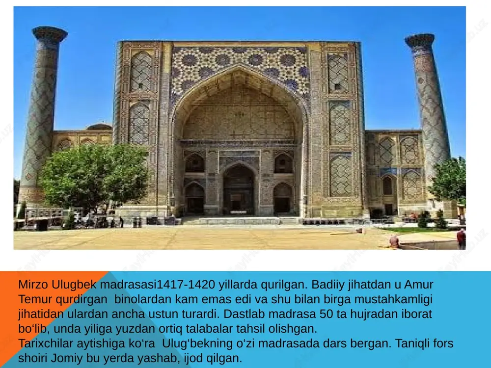 doniyor ham bor edi. xulosa bu qadimiy obidalarimiz bizga buyuk bobolarimizdan qolgan katta tarixiy yodgorlik. bu obidalar qurilgandan beri nene odamlar yashab o’tganiga guvoh bo’lgandir. islom dini rivoji uchun katta hissa qo’shagn imom al- buhoriy avlodiman deyishdan fahrlanib yashayman. amir temur deb tanitsak hambutun jahon taniydi bizni.ibs sino bobomizniku asti qo’yaverasiz. e'tiboringiz uchun raxmat image3.png image4.png image5.png image6.jpeg image7.jpeg image8.jpeg image9.jpeg image10.jpeg image11.jpeg image12.png image13.png image14.png image15.png image16.png image17.png /docprops/thumbnail.jpeg