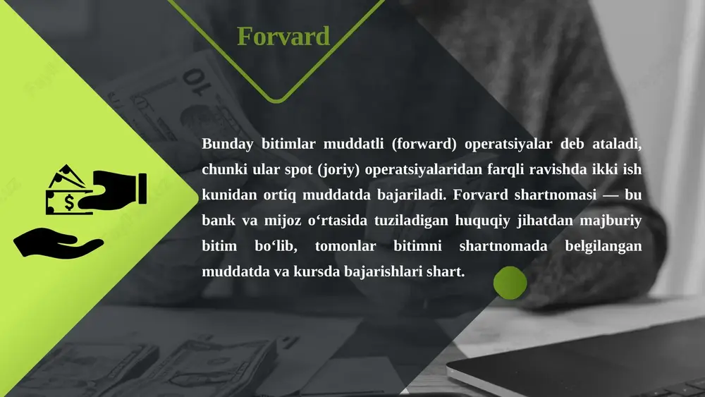 n tashqari, forvard bitimlar moliya institutlari, xalqaro korporatsiyalar va investorlarga o‘z valyuta aktivlari va passivlarini balanslashtirish imkonini beradi. masalan, xorijiy kapital bozorlaridan olingan qarzlar (valyuta passivlari) mos valutani muddatli sotish yo‘li bilan sug‘urtalanadi, xorijiy filiallarga berilgan qarzlar esa muddatli sotib olish orqali himoyalanadi. xulosa xulosa qilib aytganda, forvard operatsiyalari — bu xalqaro savdo va moliyaviy oqimlarni barqarorlashtiruvchi, riskni kamaytiruvchi va rejalashtirishni soddalashtiruvchi muhim instrumentdir. ularning moslashuvchanligi, shaxsiylashtirilganligi va huquqiy kafolatlari ularni xalqaro moliya tizimining ajralmas bo‘lagiga aylantirgan. thank you image1.jpeg image2.png image3.svg image3.jpeg image4.jpeg image5.png image7.svg image6.jpeg image7.png image10.svg image8.jpeg image9.png image13.svg image10.jpeg image11.png image12.jpeg image13.png image18.svg image14.jpeg image15.png image21.svg image16.jpeg image17.jpeg image18.png image25.svg image19.jpeg image20.png image28.svg image21.jpeg image22.jpeg image23.png image32.svg image24.jpeg image25.jpeg image26.jpeg image27.jpeg image28.png image38.svg /docprops/thumbnail.jpeg